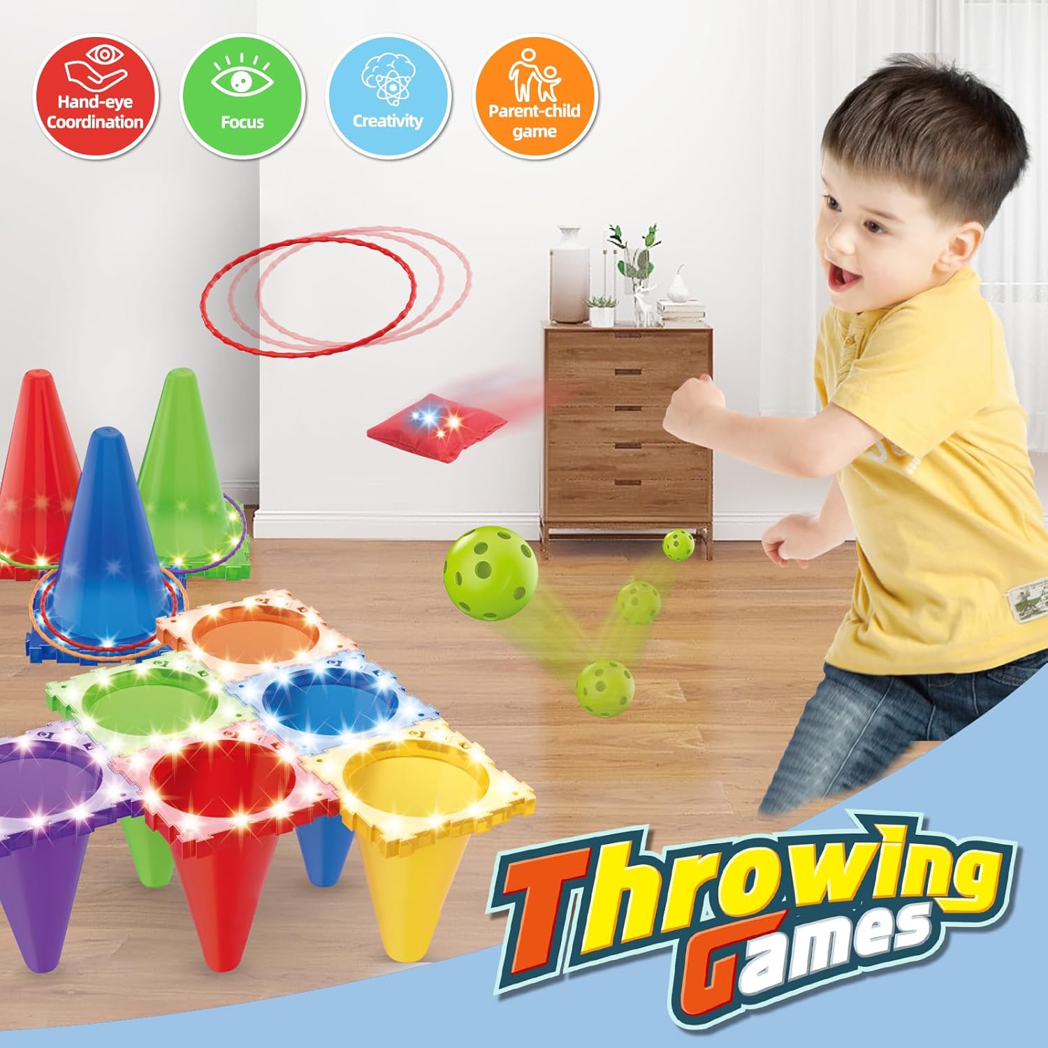 Thumbnail 1 de Light Up 3 in 1 Carnival Garden Game set – Bean Bag Toss, LED cones & ring toss for kids (age 3+)