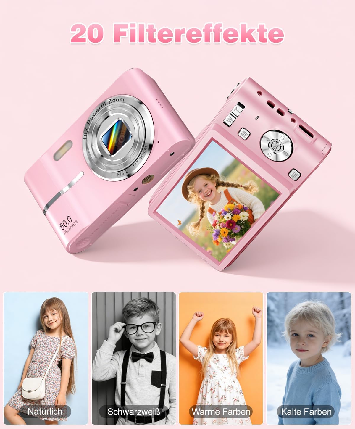 Thumbnail 6 de Digitalkamera 50MP mit 1080P Video, 16× Digitalzoom und 2,4" Bildschirm (Rosa) – Mini-Kompaktkamera für Kinder & Teenager