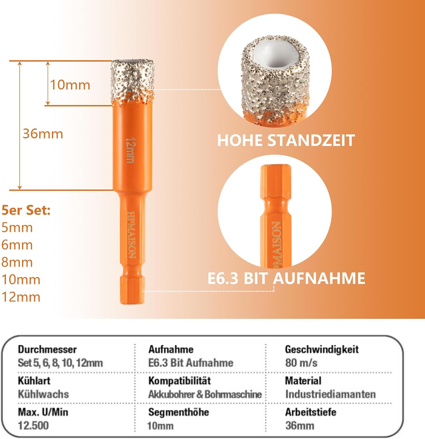 Detalle 2 de HPMAISON Diamantbohrer-Set für Fliesen, Glas & Feinsteinzeug (5-tlg., 1/4" Sechskant, trocken)