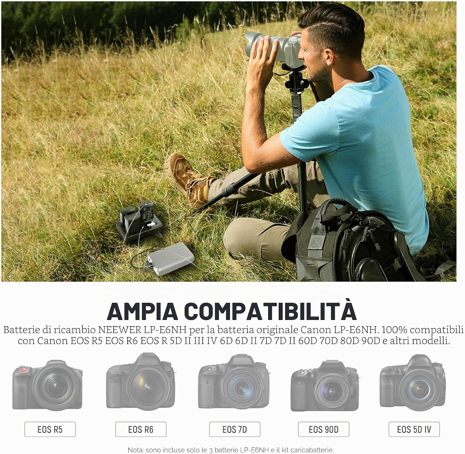 Detalle de NEEWER LP-E6NH Set: 3 batterie da 2250 mAh + Caricabatterie USB triplo per Canon EOS R7/R5/R6 e altre Canon