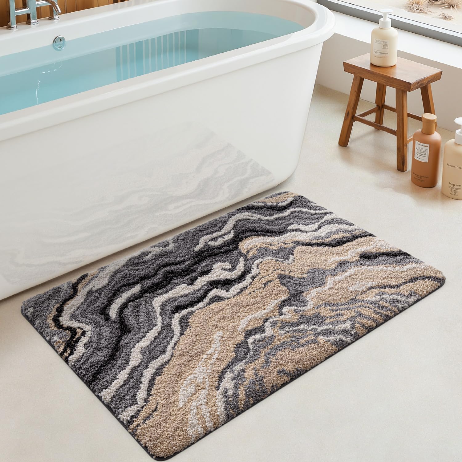 Thumbnail 6 de DEXI Tapis de salle de bain antidérapant 60 x 90 cm – microfibre super absorbante lavable en machine (gris et beige)