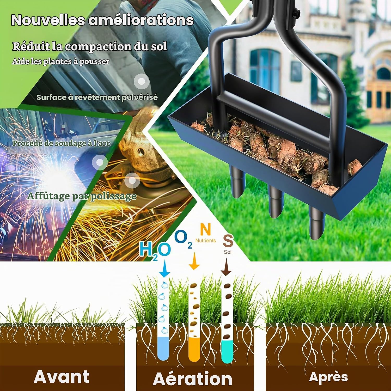 Detalle 2 de Kedoxi Lawn Aerator Coring Tool 3 Core handmatige gazonbeluchter met opvangbak