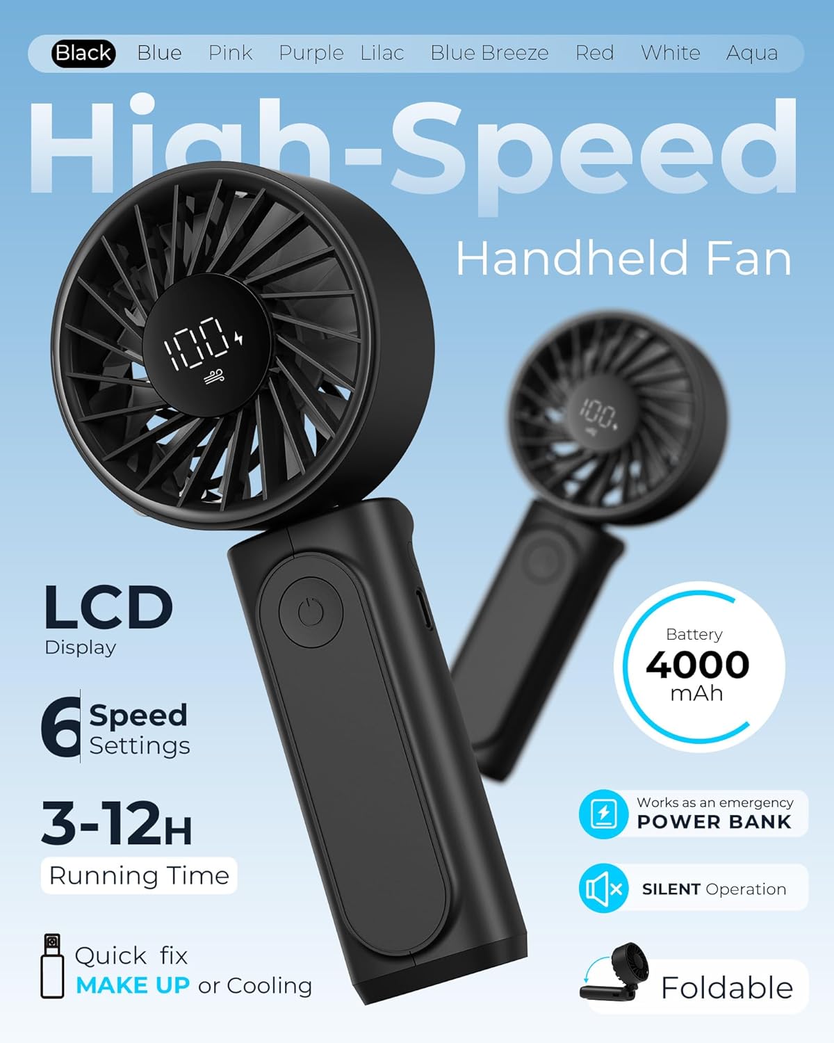 Thumbnail 1 de Peiyuu Handheld Fan: Portable 4000mAh, 6-Speed, 180° Foldable Mini Fan for Home, Office, Travel
