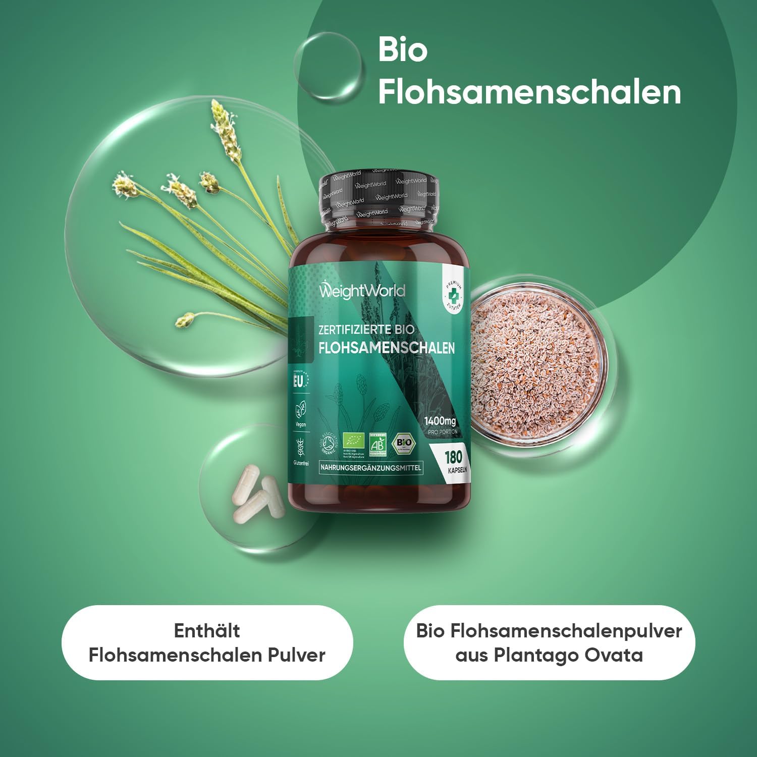 Thumbnail 1 de Bio Flohsamenschalen Kapseln 1400 mg pro Portion (Psyllium Husk) – 180 vegane Kapseln, 3 Monate Vorrat