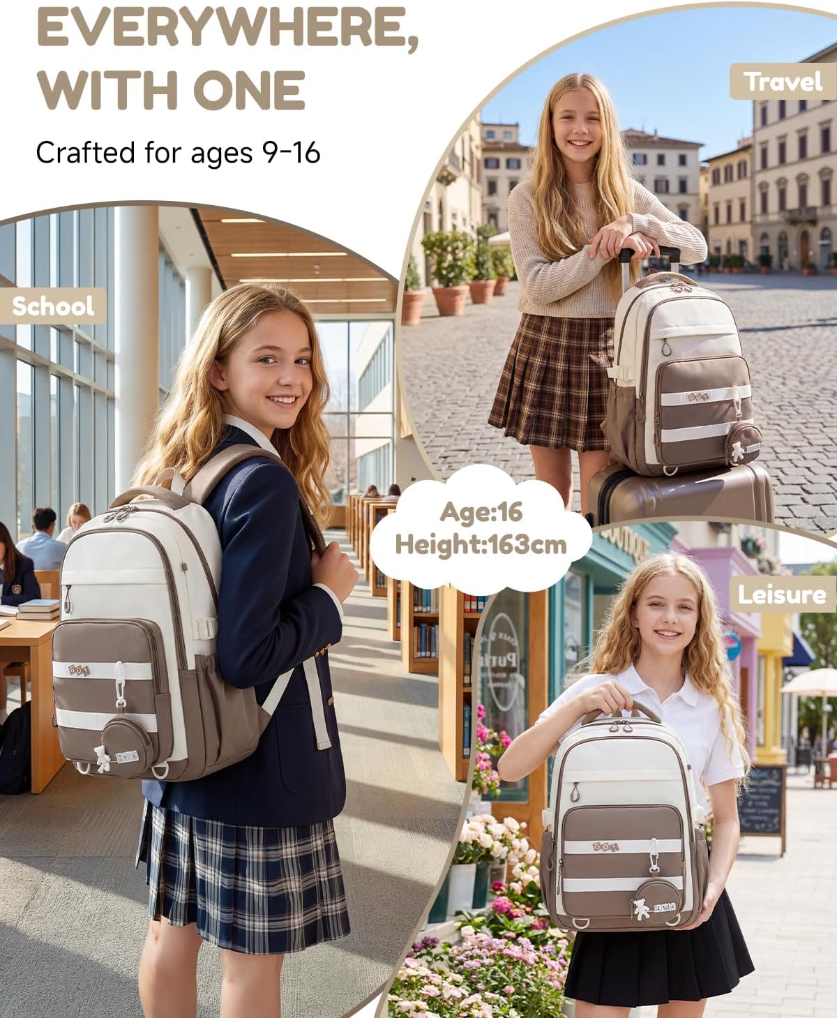 Thumbnail 6 de Amythe Sac à Dos Filles Primaire et Collège – Cartable imperméable 15,6", 25 L, Marron