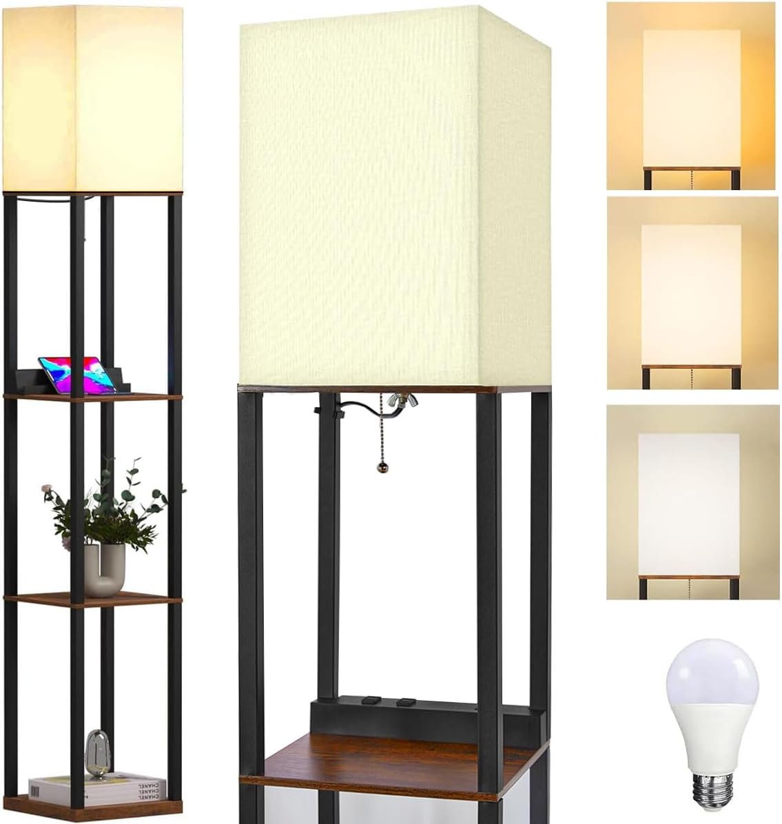 Detalle de Meisoda Floor Lamp with 3-Tier Wood Shelves
