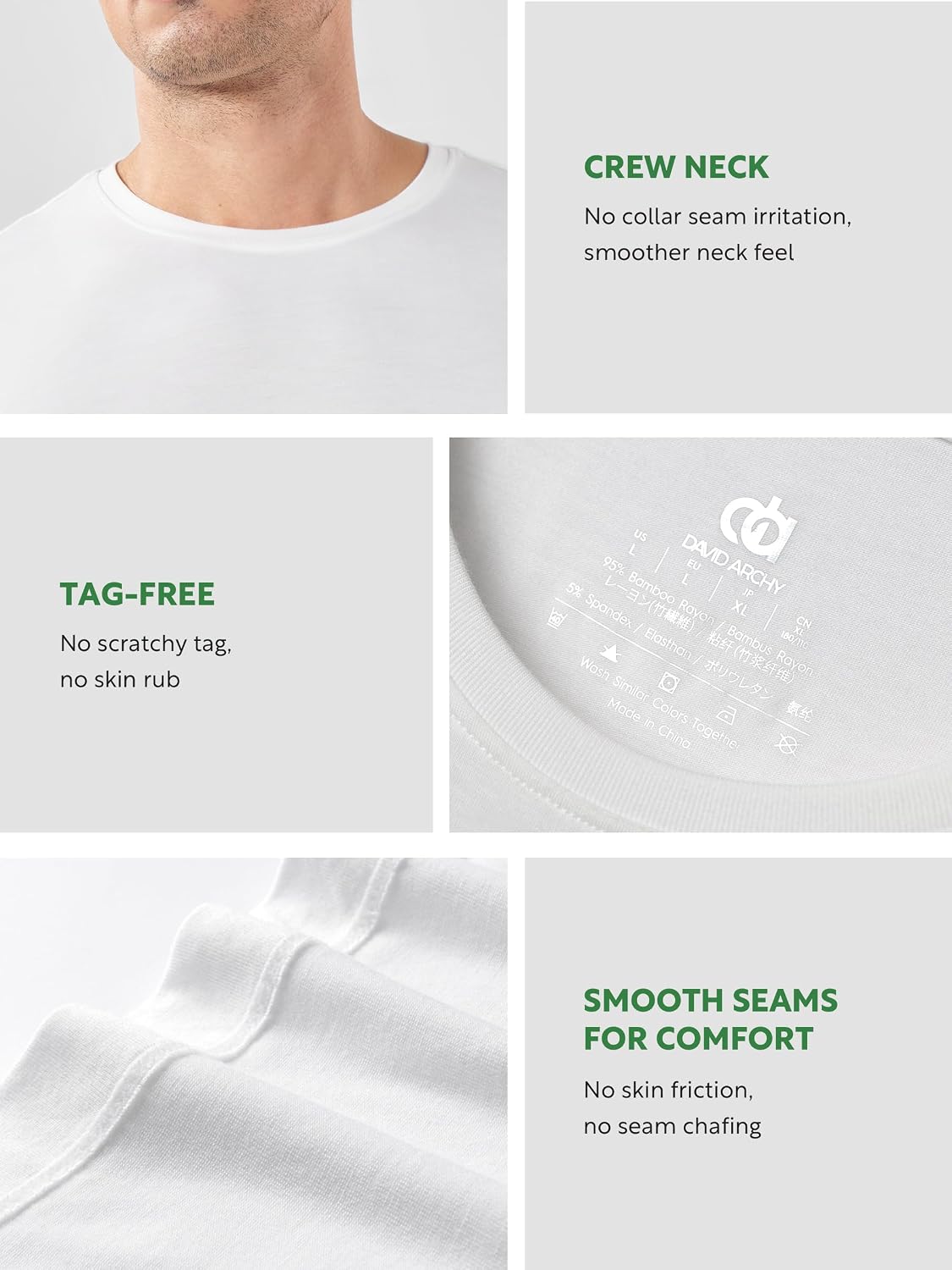 Thumbnail 6 de DAVID ARCHY Men’s Moisture-Wicking Crewneck Undershirt (3 or 5 Pack)