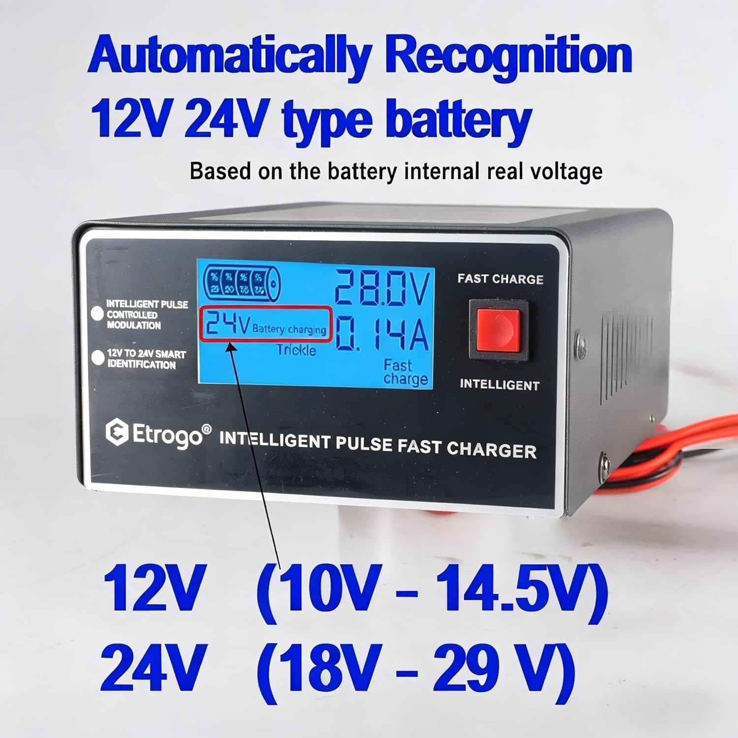 Thumbnail 3 de Etrogo Intelligentes 12V/24V 10A Ladegerät – 5‑Phasen-Ladegerät mit LCD, kompatibel mit Blei-Säure-Batterien