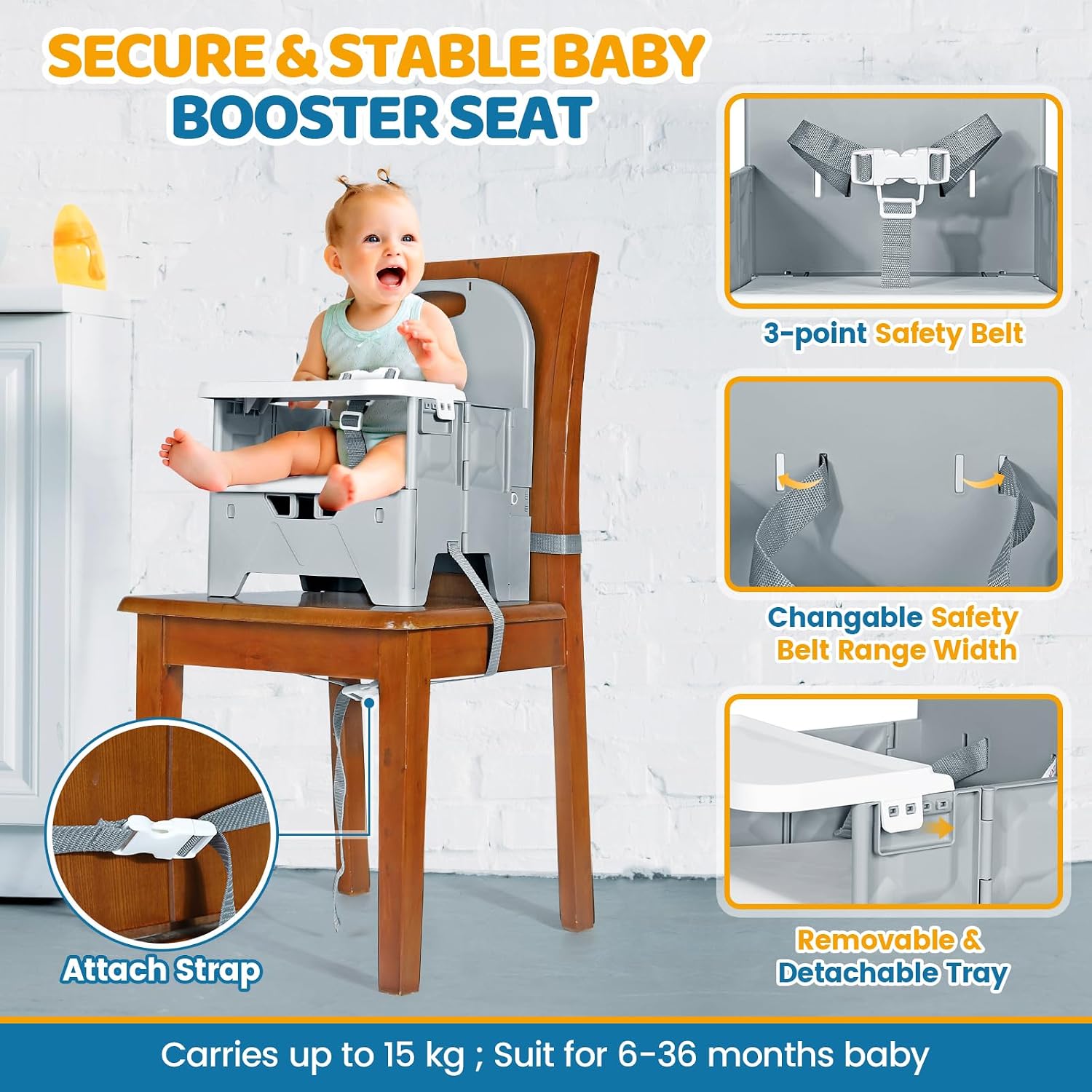 Thumbnail 1 de Orzbow Foldable Baby Booster Seat with Tray, 3-Point Belt, Grey