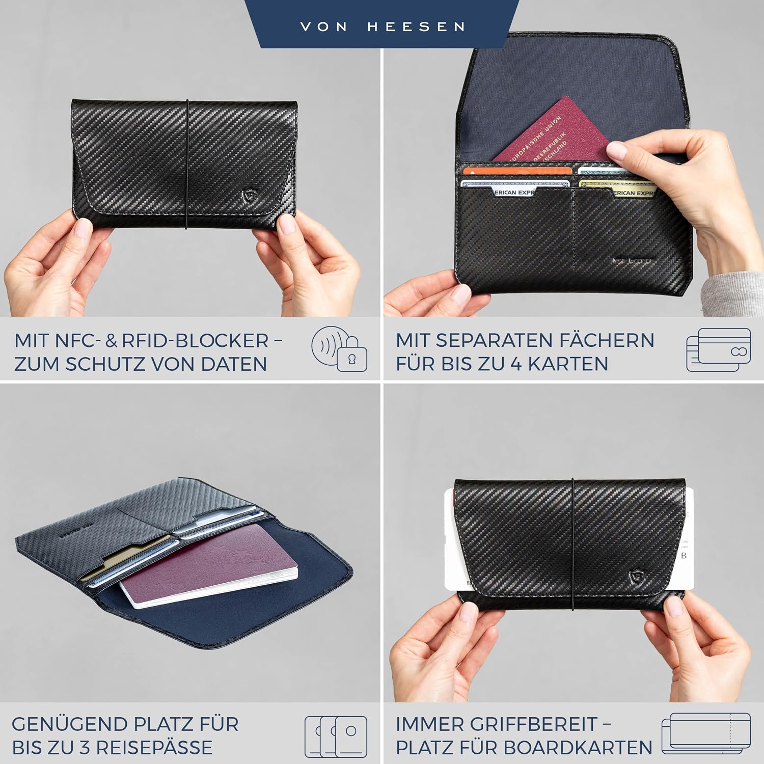 Detalle de VON HEESEN Leder Reisepasshülle mit RFID-Schutz – Carbon Schwarz aus echtem Leder
