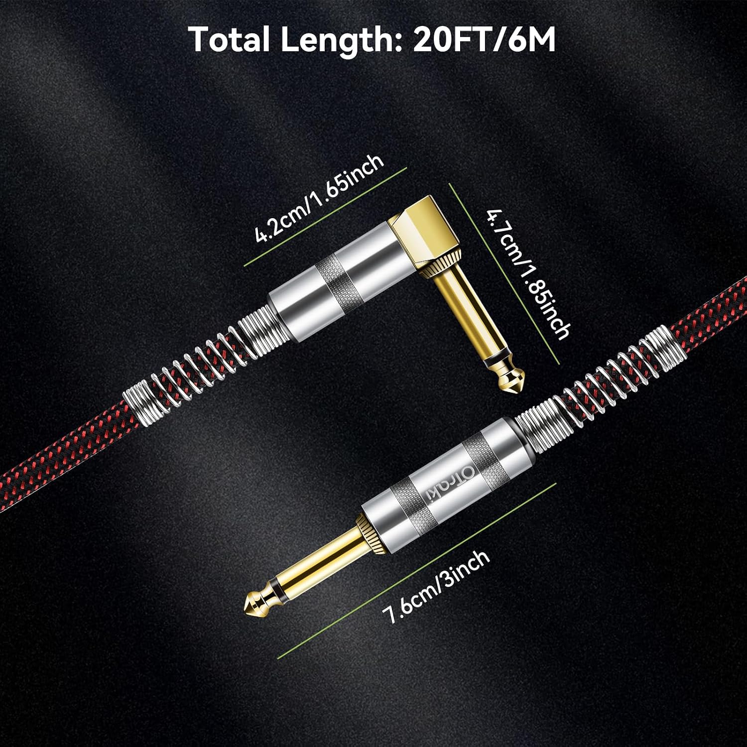 Detalle 1 de OTraki Guitar Cable, 20 ft 1/4-Inch TS, Right-Angle Plug, Braided