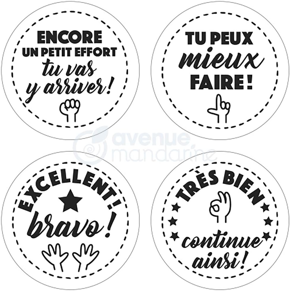 Thumbnail 1 de MY MANDARINE CO157C – Lot de 4 tampons en bois à messages positifs (Encore un petit effort, Tu peux mieux faire, Excellent, Très bien)