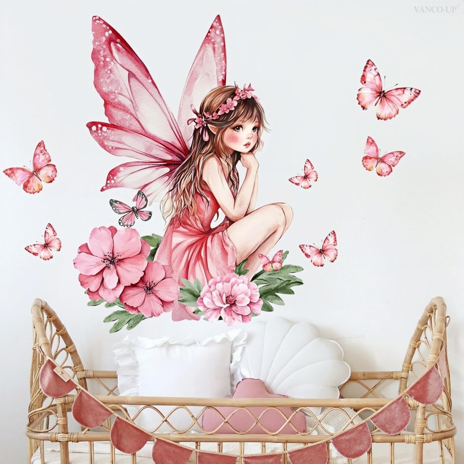 Thumbnail 2 de Flower Fairy Wall Stickers for Girls Room – Pink Floral Butterfly Wall Mural DIY PVC Decals (2 Sheets)
