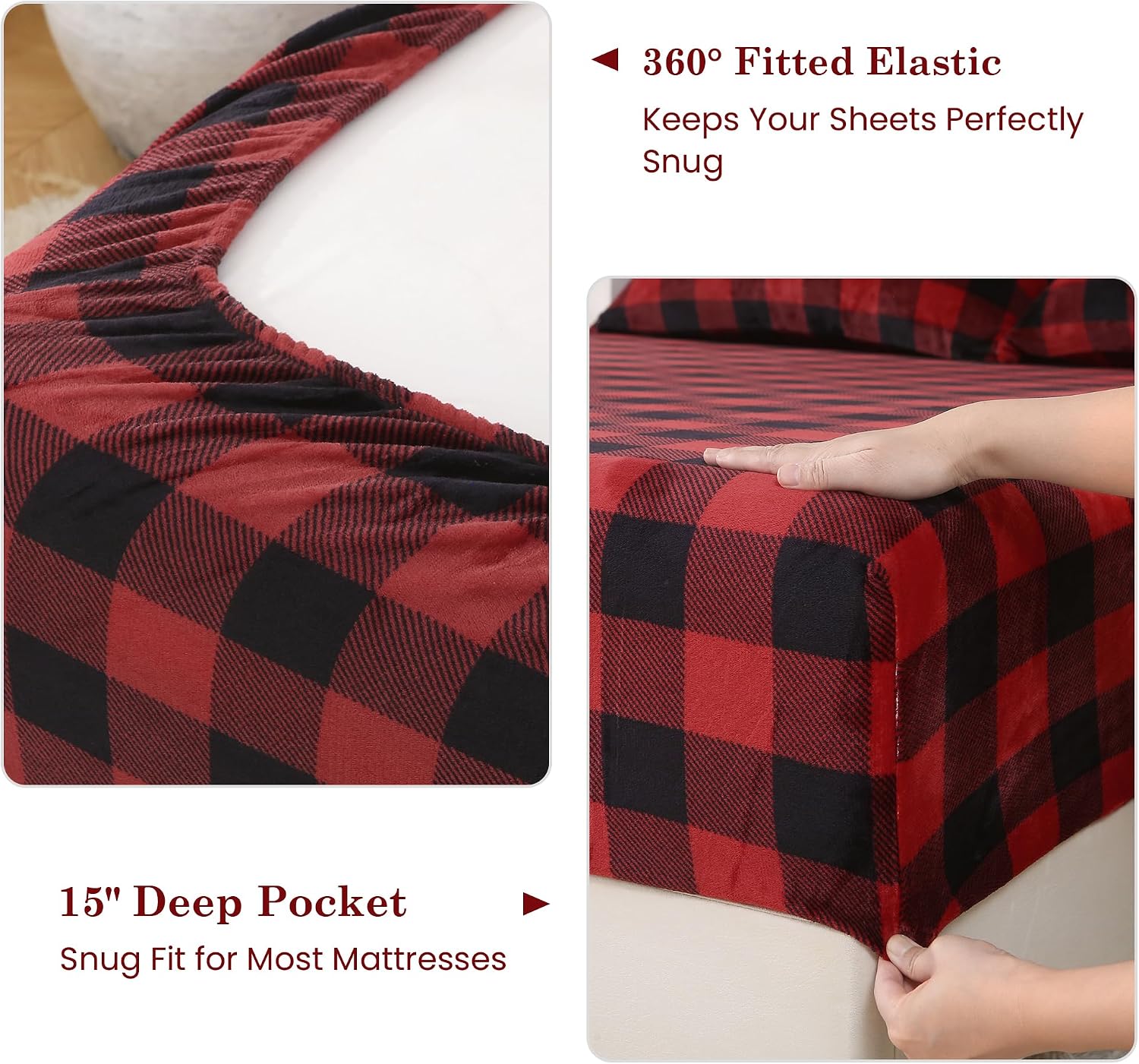 Thumbnail 4 de Viviland SHTRDBUCHQ Queen Fleece Sheet Set, Red and Black Buffalo Plaid