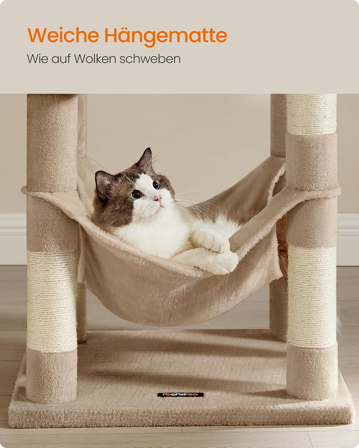 Detalle de Feandrea Kratzbaum PCT161K01 (143 cm) mit 4 Kratzsäulen, 2 Plattformen, Hängematte und Höhle