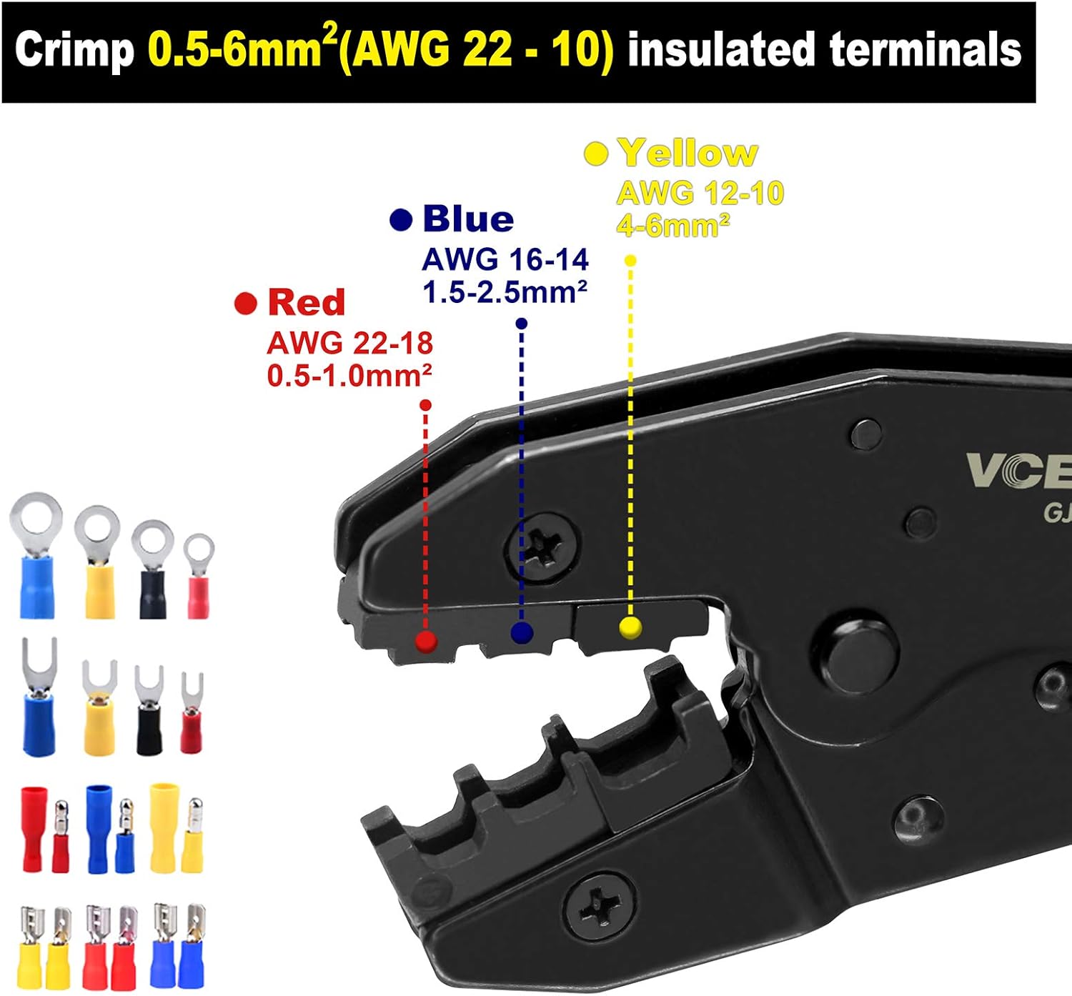 Thumbnail 1 de VCELINK GJ707 ratchet wire crimping tool for insulated electrical connectors (22–10 AWG)