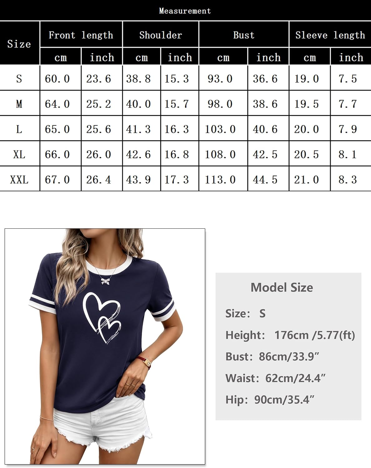Thumbnail 5 de T-shirt femme Aottori en coton à col rond imprimé cœur – manches courtes ample, style décontracté chic