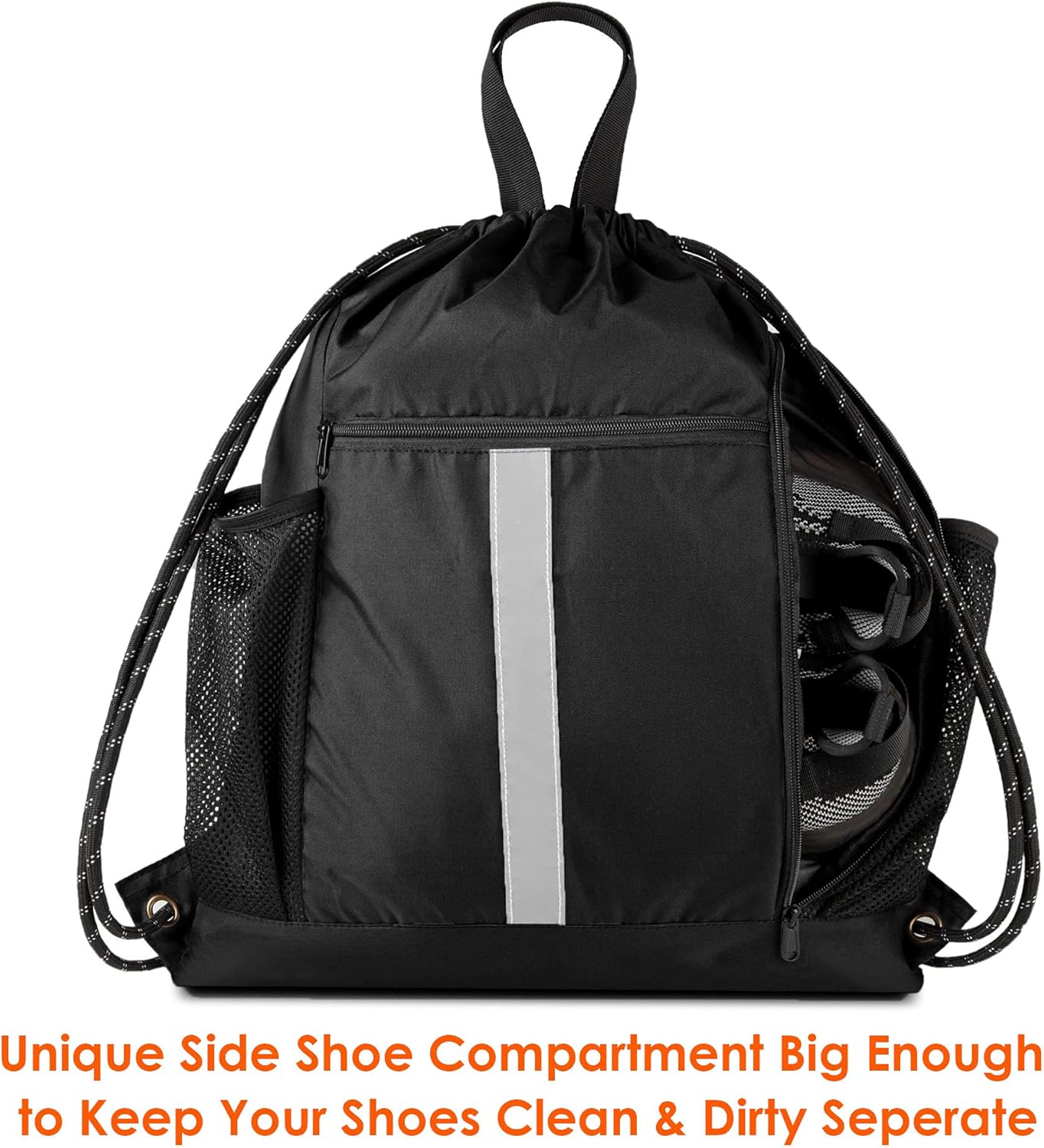 Detalle de BeeGreen Large Drawstring Backpack with Shoe Compartment, Water Bottle Holders and Reflective Strips (Black)