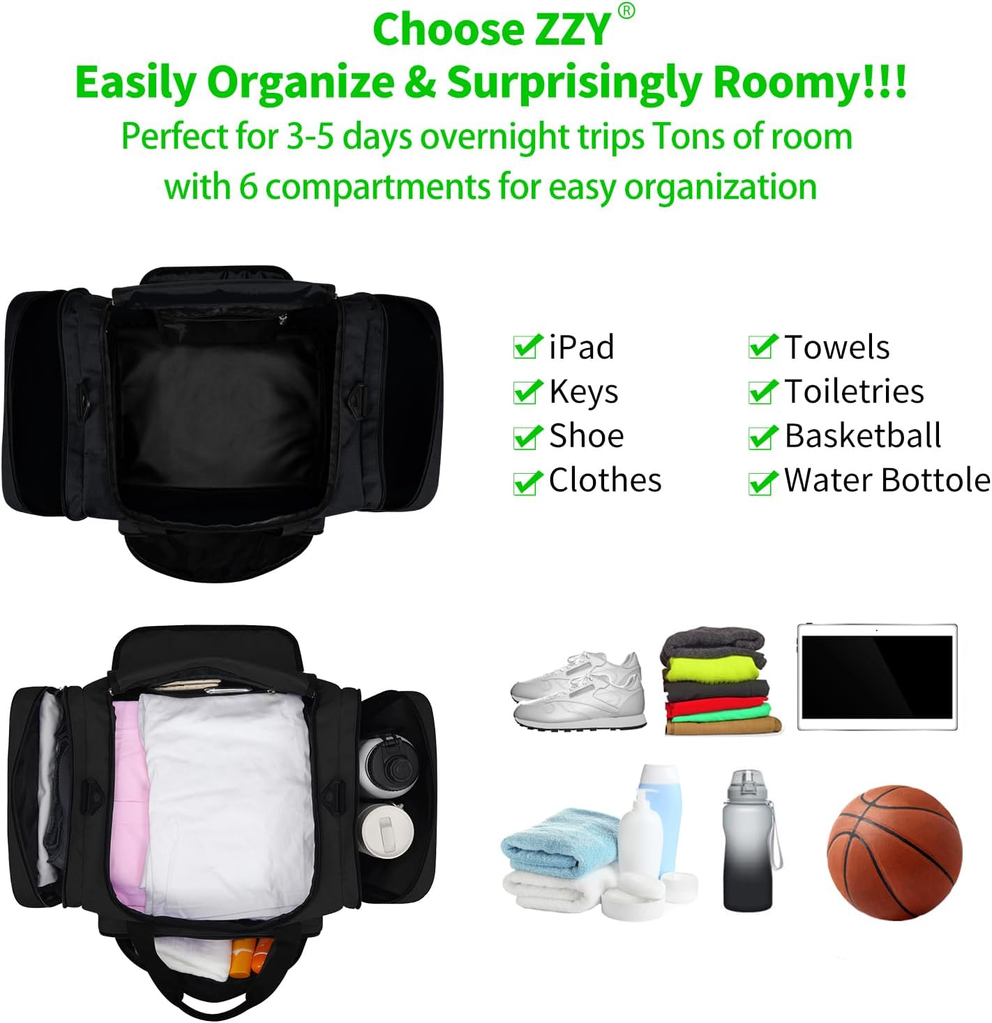 Detalle de ZZY Gym Duffle Bag 40L: Versatile, Water-Resistant Weekender for All