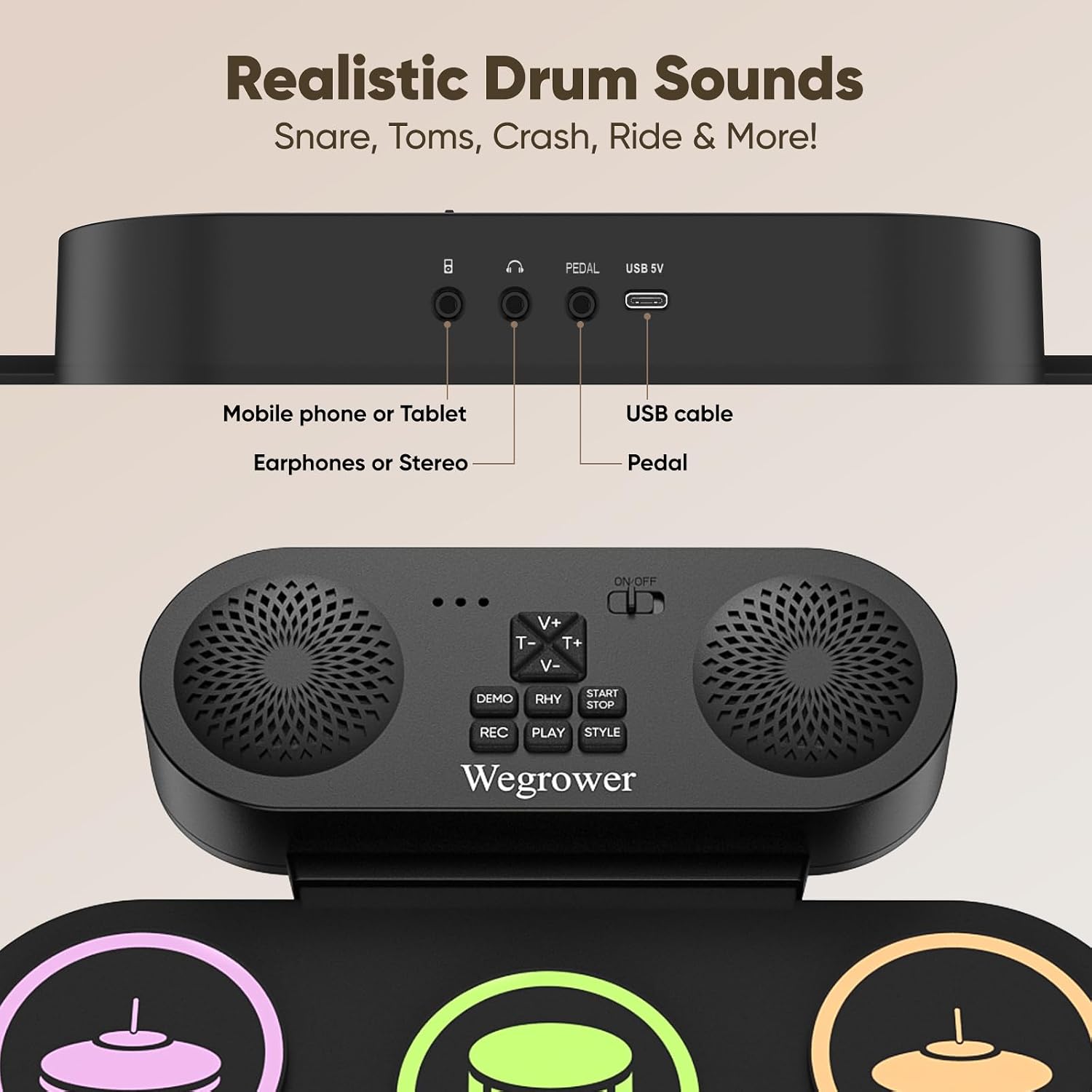 Detalle de WEGROWER DK-1 Roll-Up Electronic Drum Set with 7 Pads, Speaker & Headphone Jack