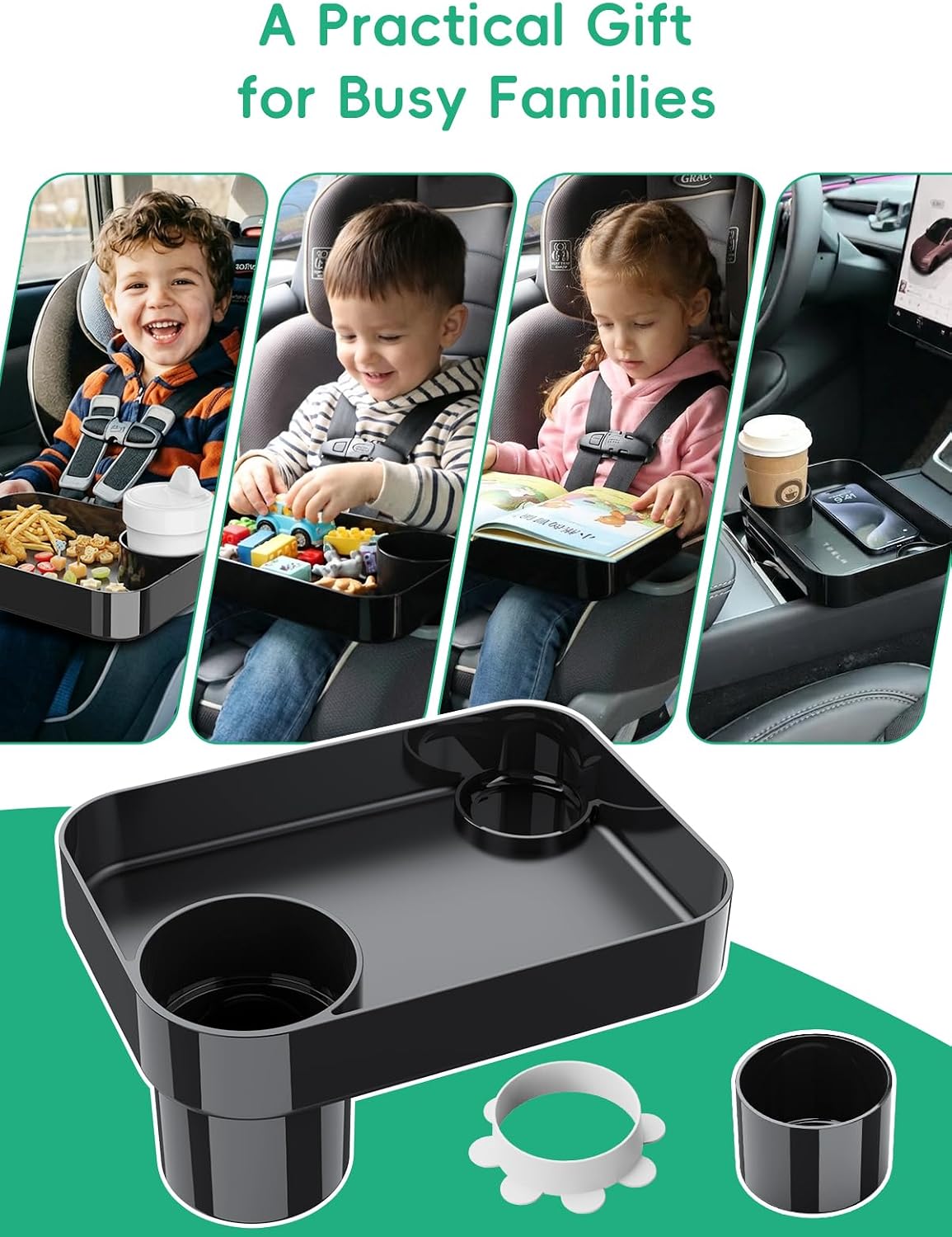 Detalle de BBSDA Cup Tray Car Seat Snack Tray with Rotating Square Tray and Cup Holder