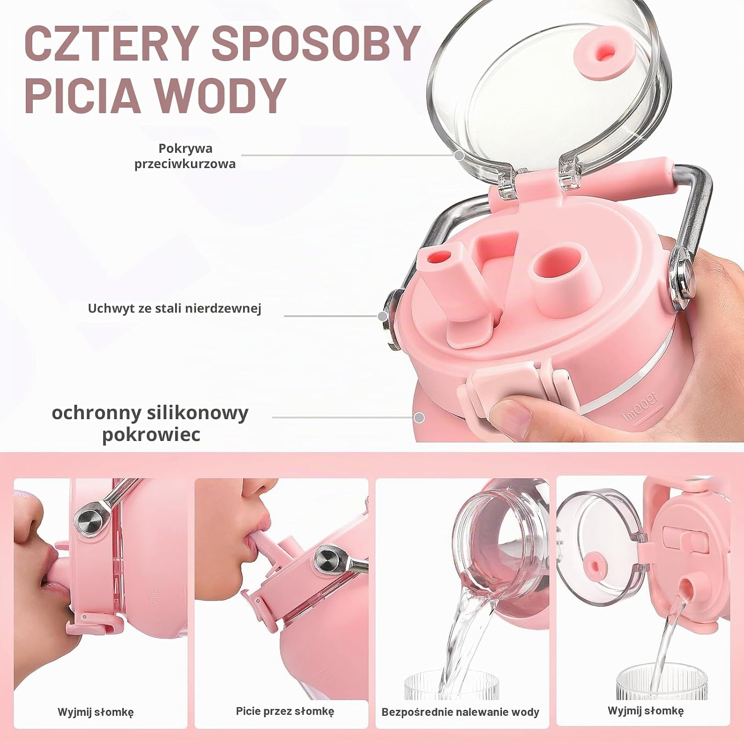 Detalle 2 de BLUEGO B-84oz-Pink – szklana butelka 2500 ml z uchwytem i znacznikami czasu