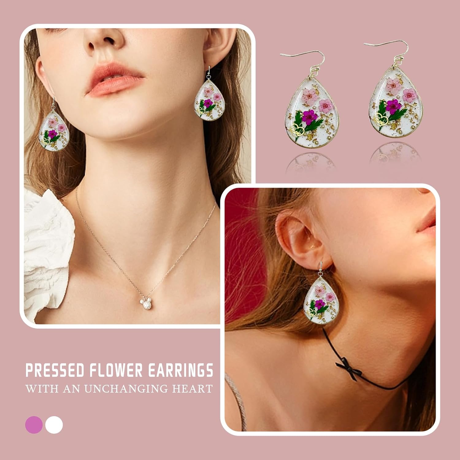 Detalle 2 de Pressed Flower Earrings for Women – Resin Drop Dangle with Real Preserved Flowers