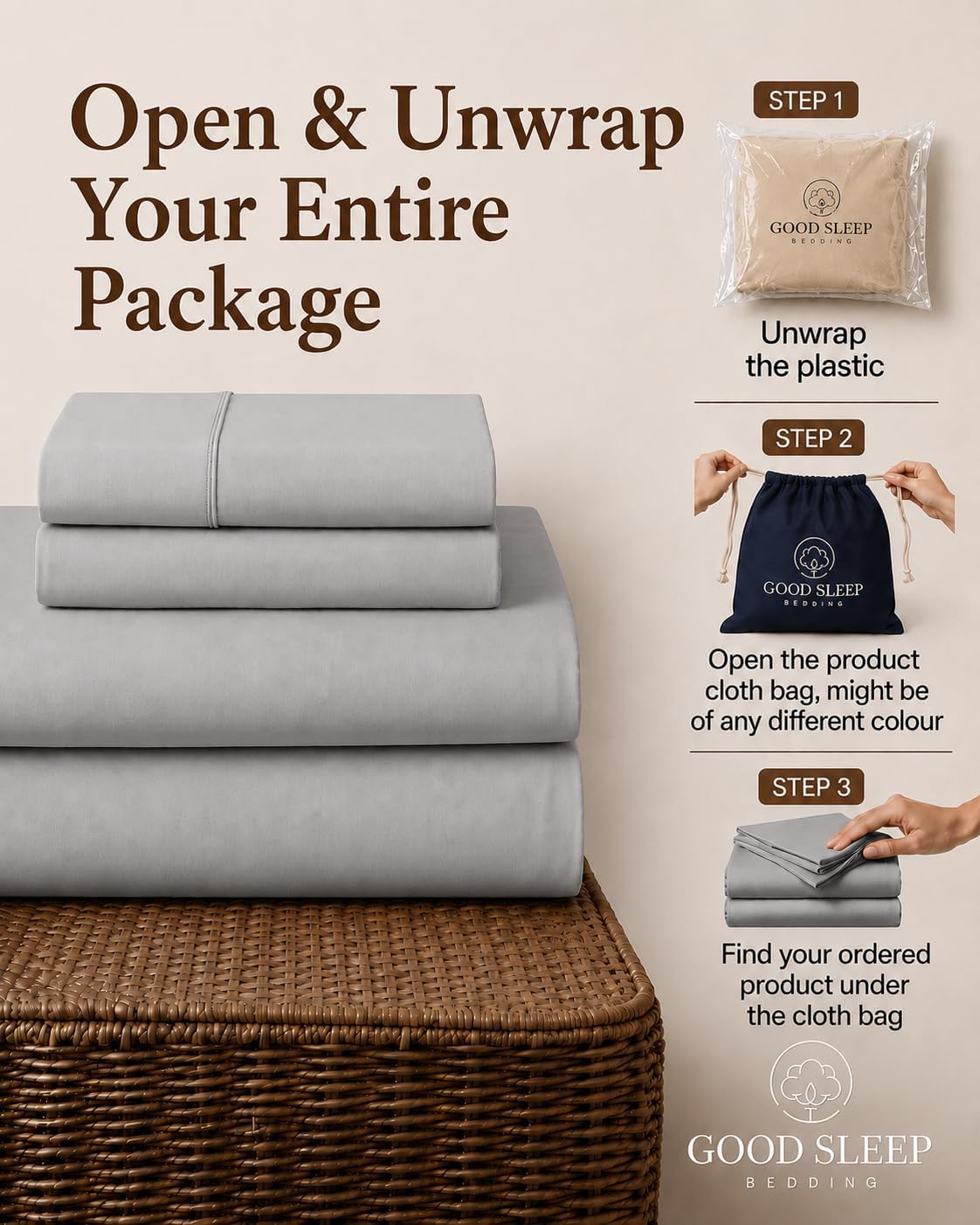 Detalle de Good Sleep Bedding Twin XL Egyptian Cotton Sheets, Light Gray, Sateen Weave