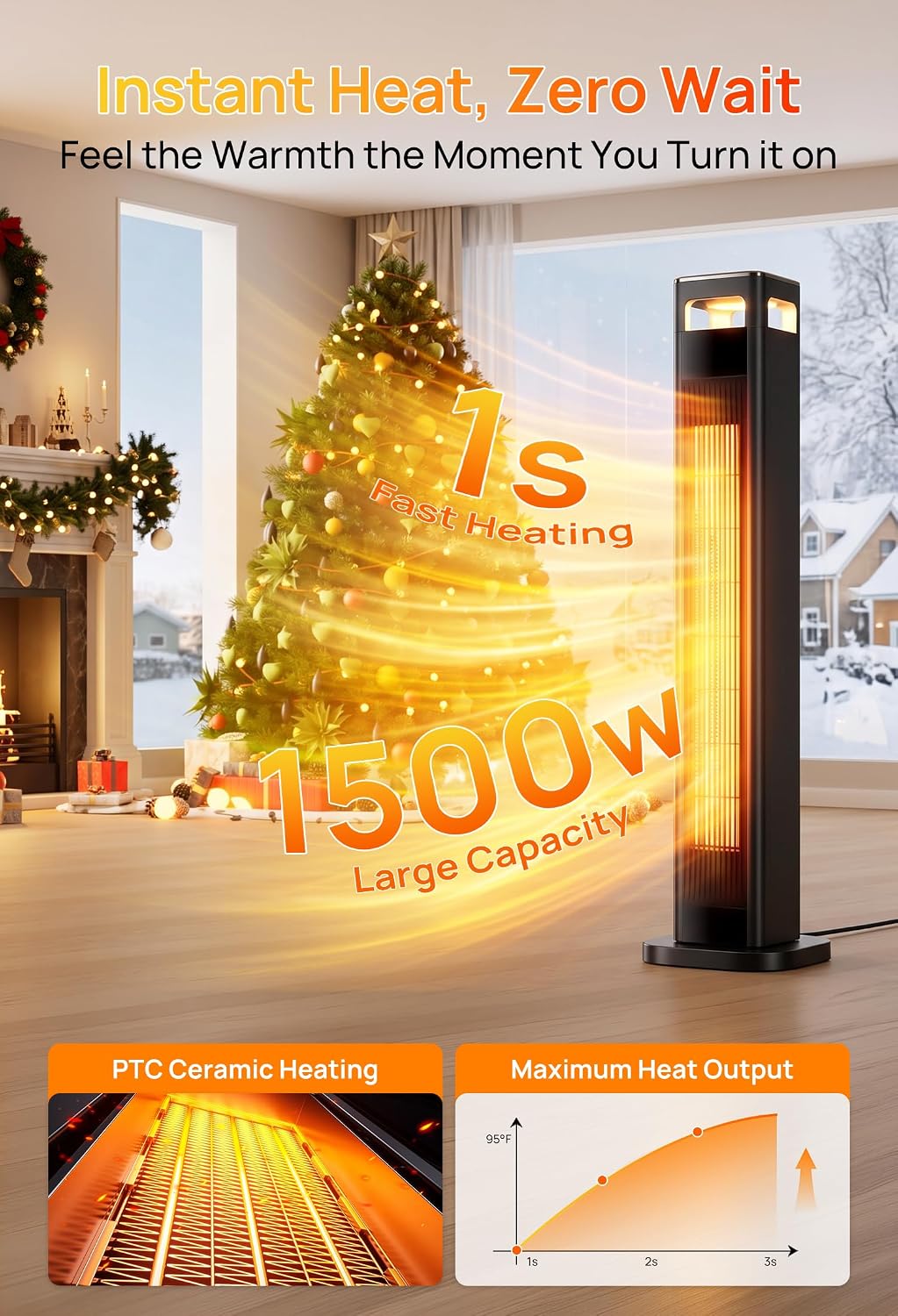 Thumbnail 1 de Mountman QN2313R 37-Inch Tower Space Heater, 1500W, 120° Oscillation