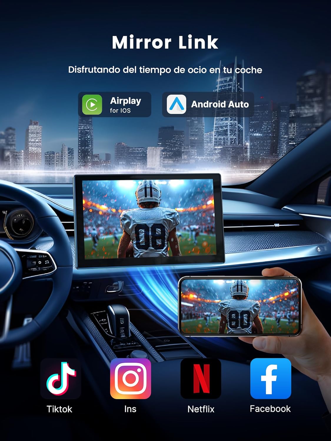 Detalle de Carplay Auto 9'': Dash Cam 4K Frontale e 1080P Posteriore, Navigazione GPS, CarPlay/Android Auto Wireless, Mirror Link e SD 64GB Inclusa