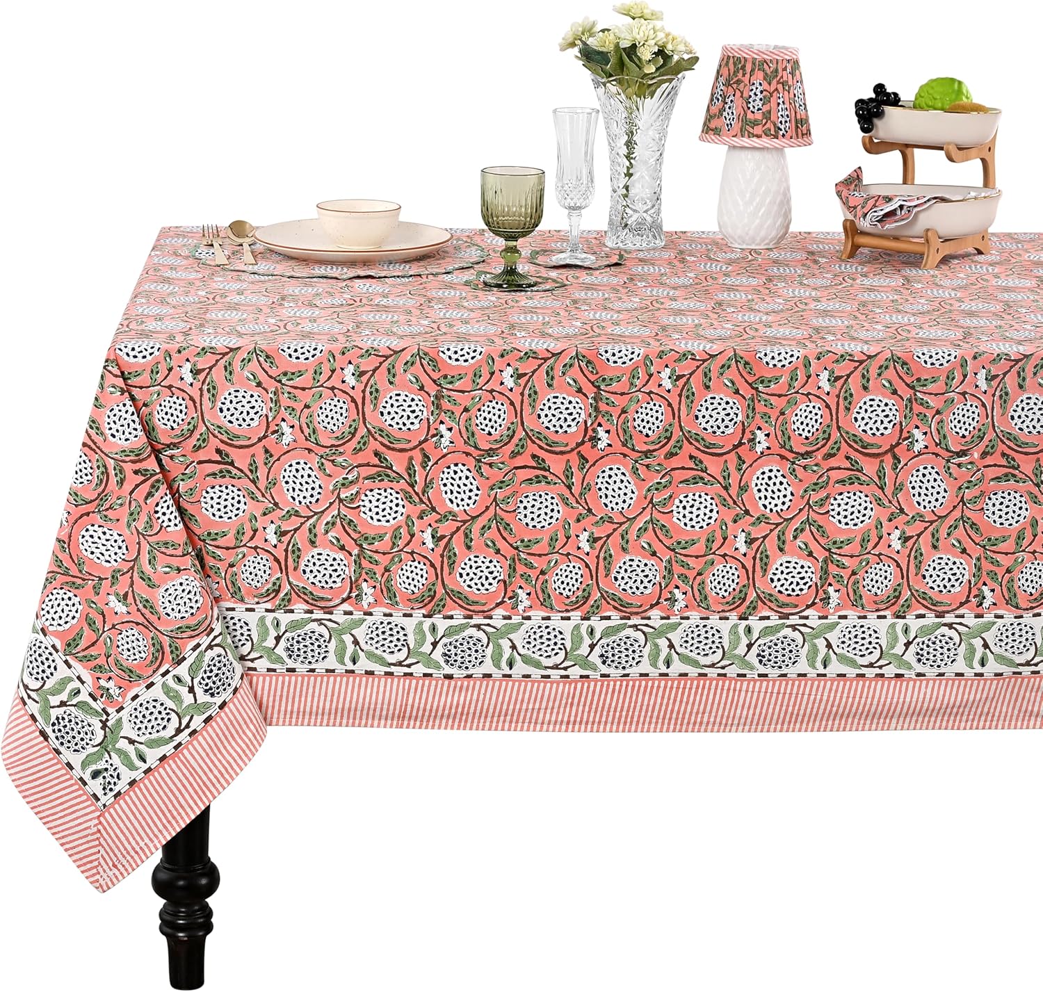 Detalle de Ridhi Dark Salmon Pink Hand Block Print Cotton Tablecloth 60" x 60
