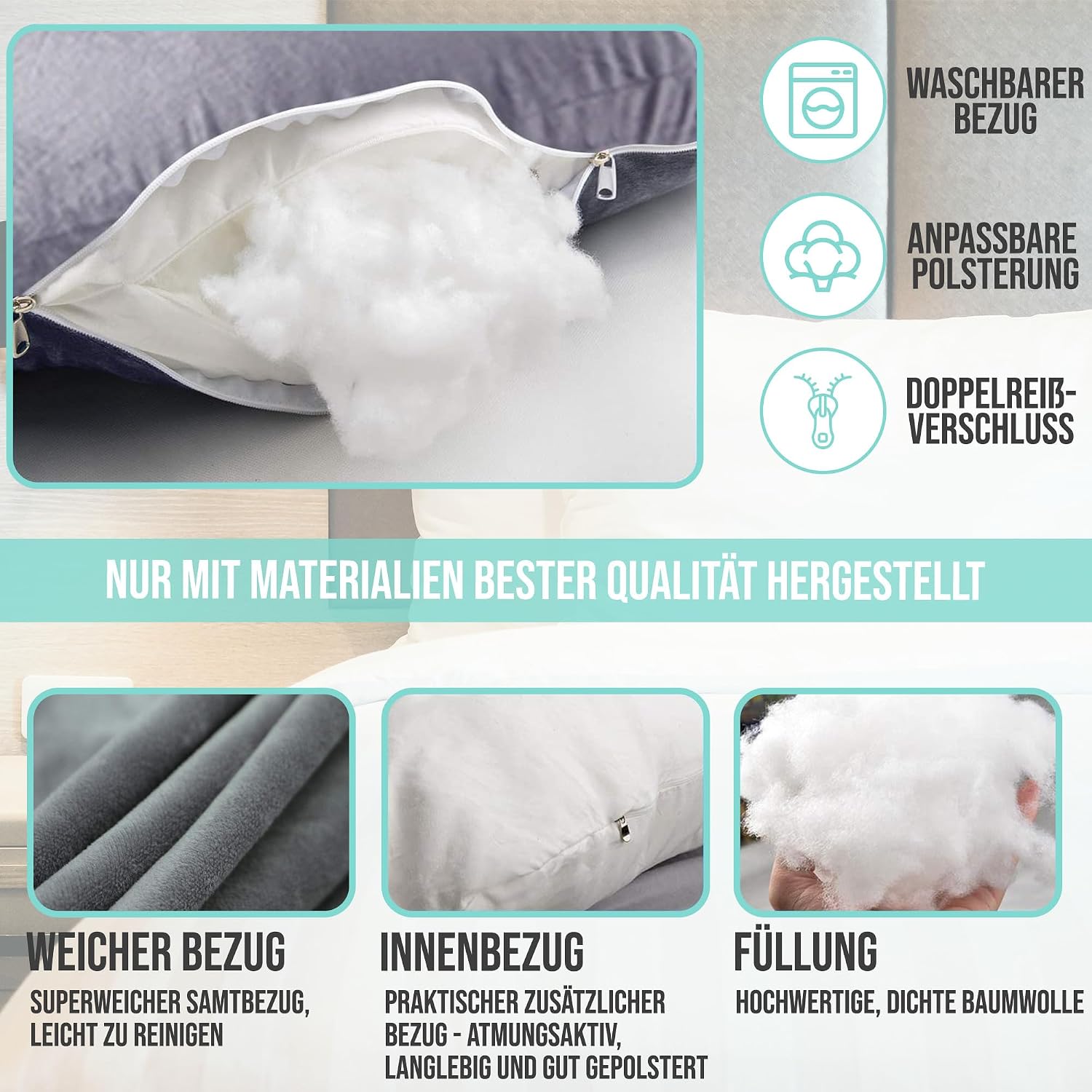 Detalle 2 de Strex Schwangerschaftskissen XXL (280 cm) mit abnehmbarem Bezug – Seitenschläferkissen & Stillkissen