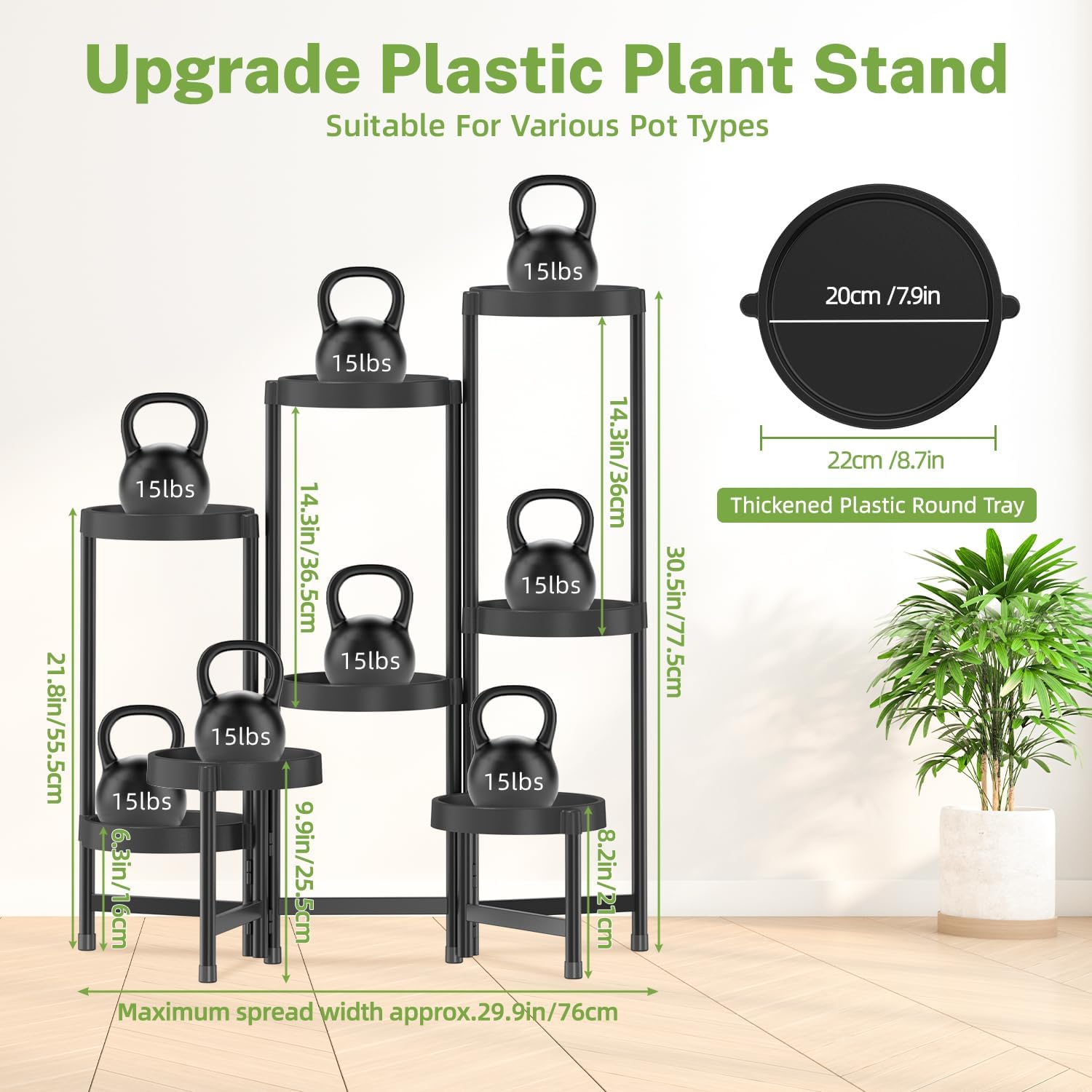Detalle 1 de iDavosic.ly 8-Tier Folding Plant Stand, Black Metal Rack with Plastic Trays