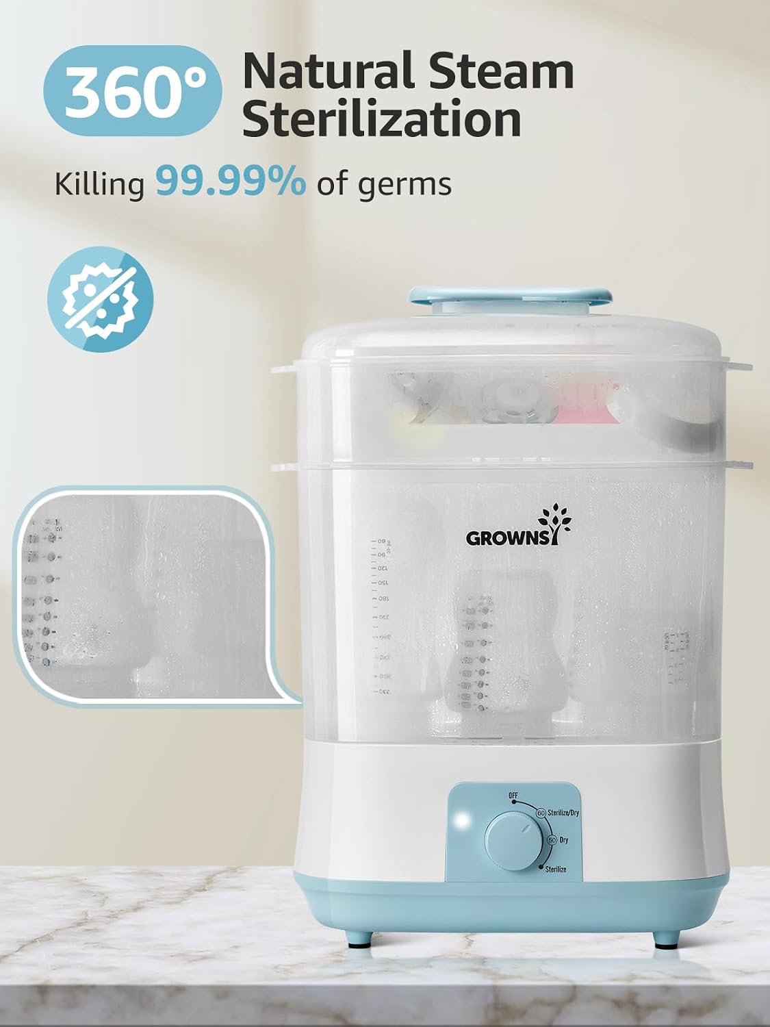 Detalle de GROWNSY BS706 4-in-1 Baby Bottle Sterilizer and Dryer, Blue, 72-Hour Storage