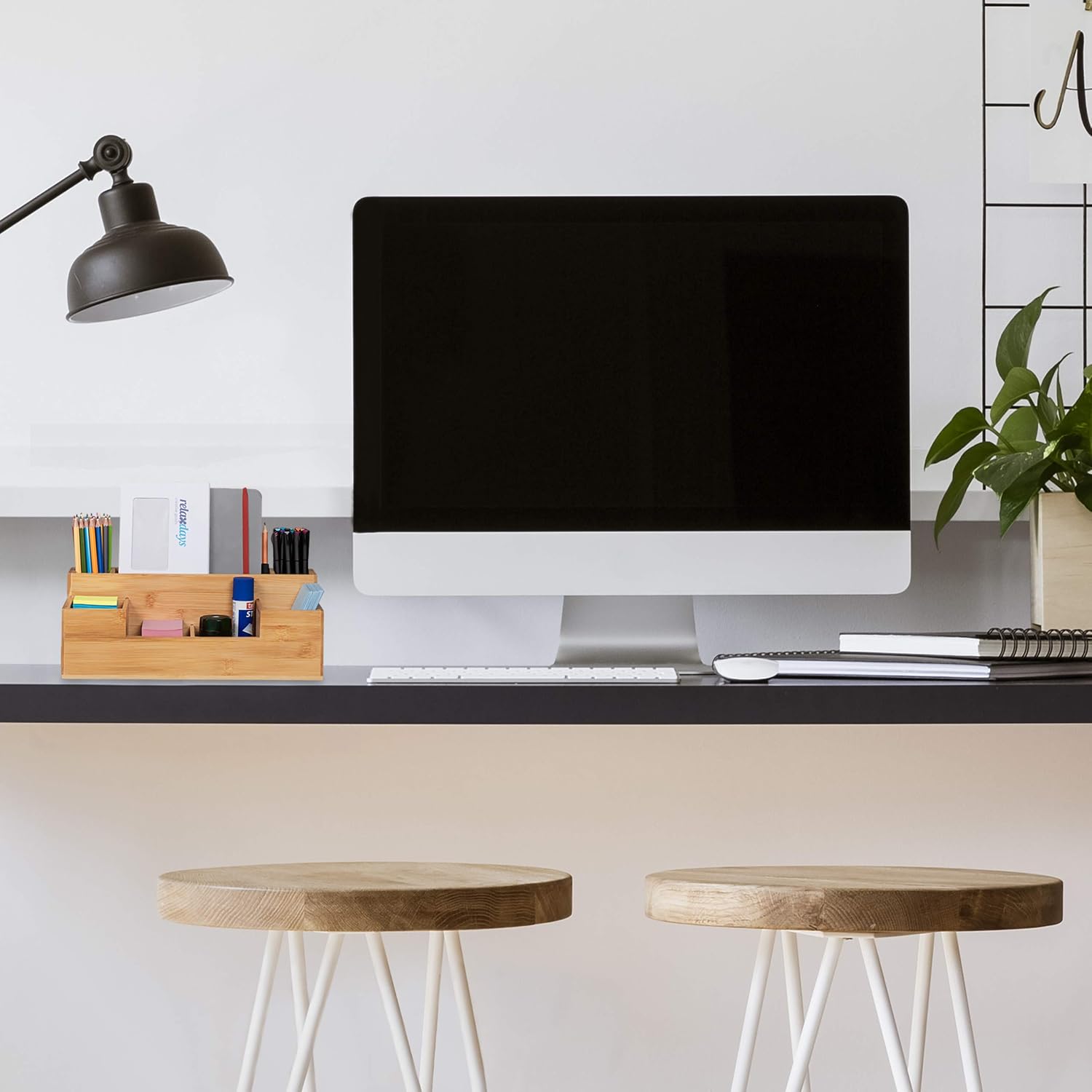 Detalle de Relaxdays Organiseur de Bureau en bambou – 7 compartiments, 11x30x15 cm, naturel