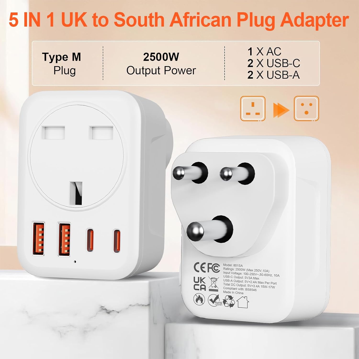 Thumbnail 1 de Omivine 5-in-1 UK to South Africa Type M travel plug adapter with USB-C and USB-A