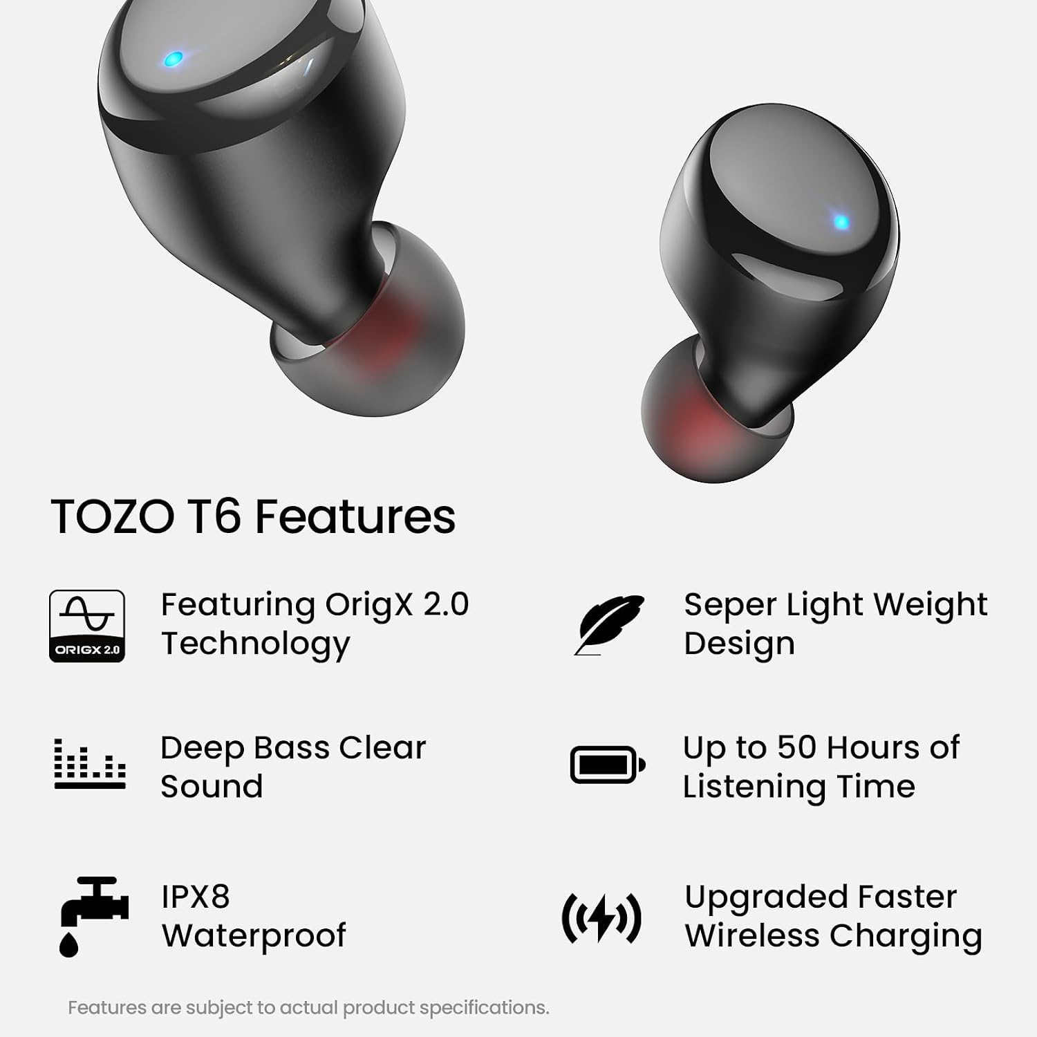 Detalle 2 de TOZO T6 Wireless Earbuds, Bluetooth 5.3, IPX8, Up to 40 Hours