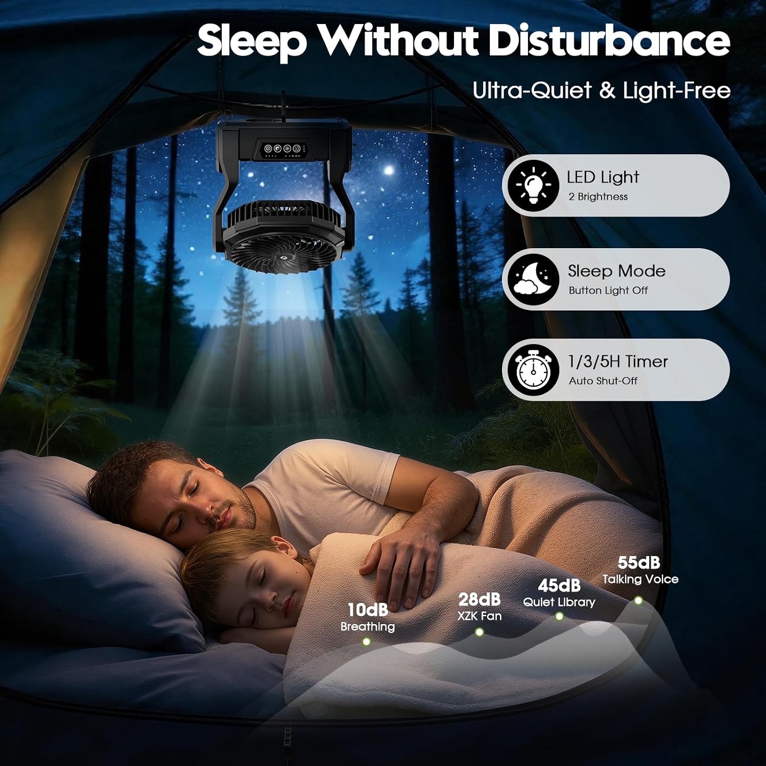 Detalle de XZK 24000mAh Rechargeable Camping Fan with LED Light — 64H Runtime, Portable Tent Fan