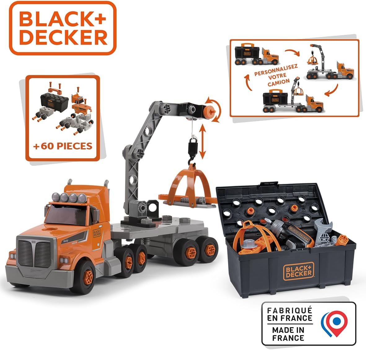 Thumbnail 2 de Smoby Black+Decker Truck mit Werkzeugbox – Konstruktionsfahrzeug mit Anhänger, Greifarm-Bauset & 60 Zubehörteilen (ab 3 Jahren)
