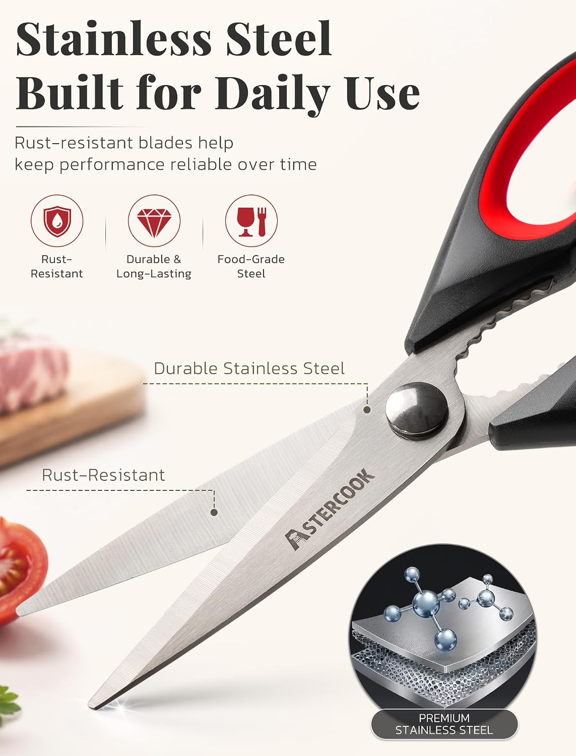 Detalle de Astercook Kitchen Scissors All Purpose Heavy Duty (3-Pack) – Stainless Steel Shears with Serrated Blade