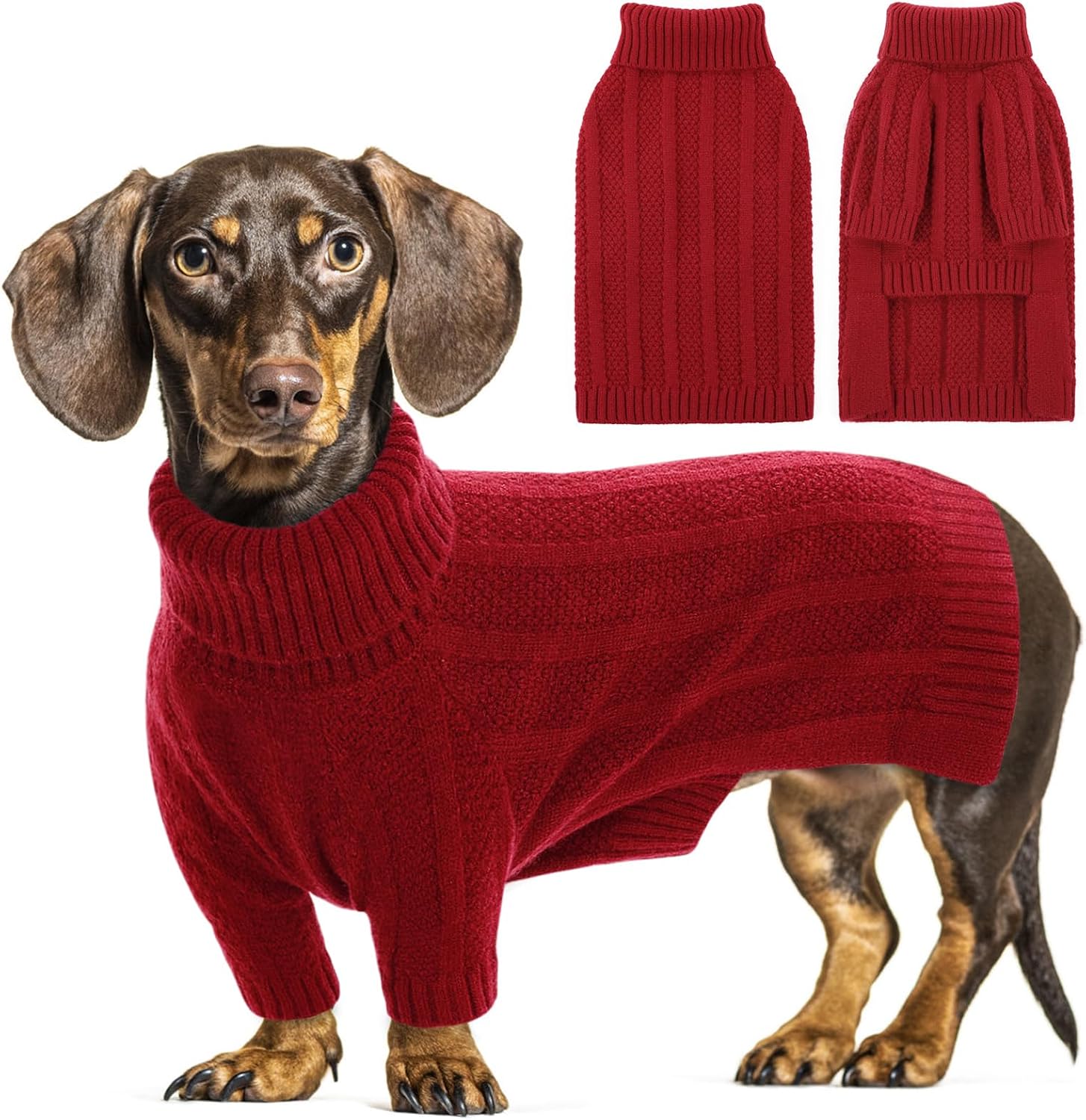 Detalle de Queenmore Hundepullover für kleine Hunde mit Rollkragen-Zopfmuster (Rot, S)