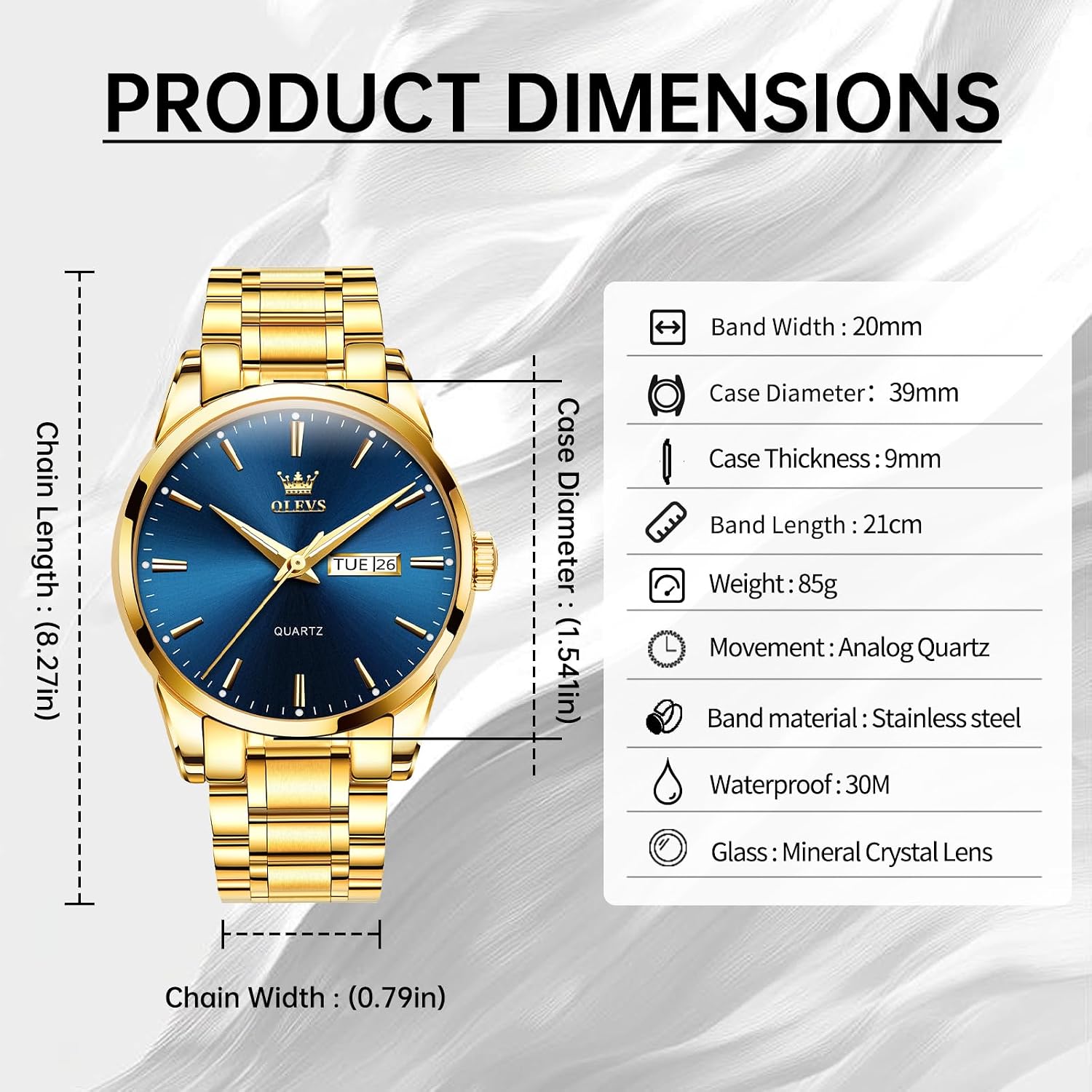 Detalle de OLEVS Men's Quartz Watch 39 mm