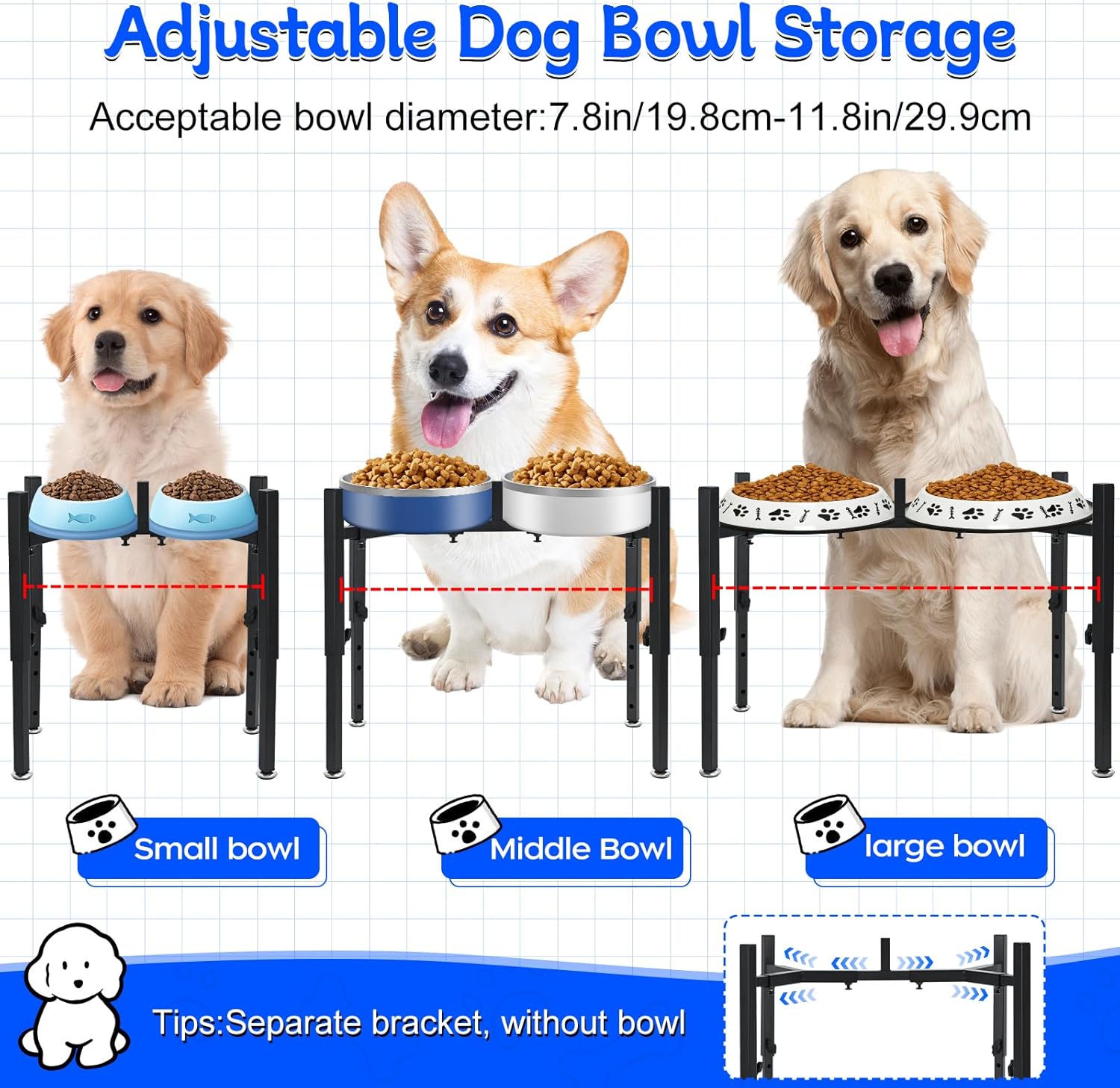 Detalle de Elevated Raised Dog Bowl Stand with 4 Height Adjustments (Quadrangle) – Stainless Steel Single Bowl Feeding Station