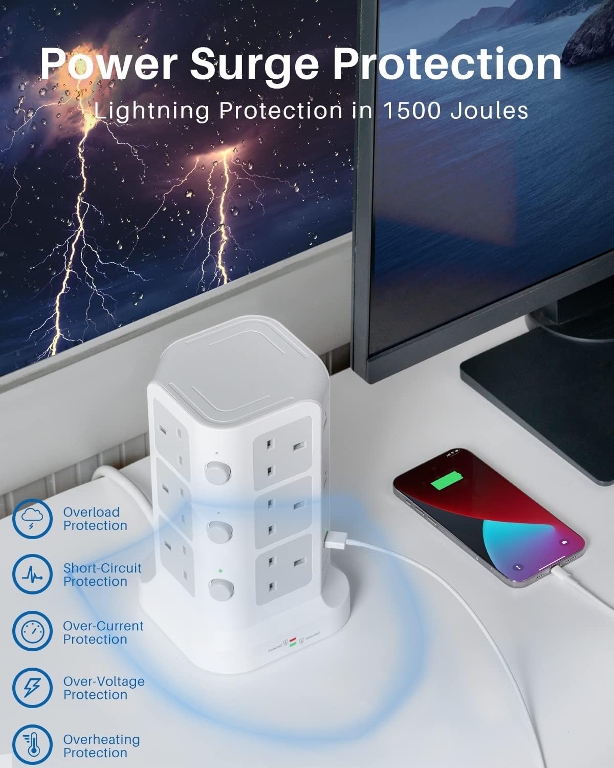 Thumbnail 3 de KOOSLA Tower Extension Lead: 12 AC Outlets, 6 USB Ports, 2m Cable, 13A – A Practical All‑in‑One Charging Hub