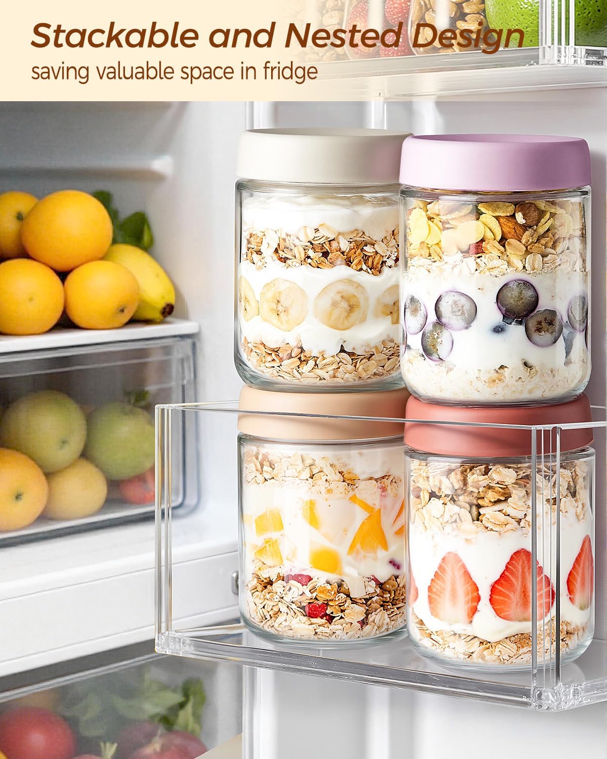 Detalle de Thyme Space Overnight Oats Jars (4-pack) 500ml glass containers with lids