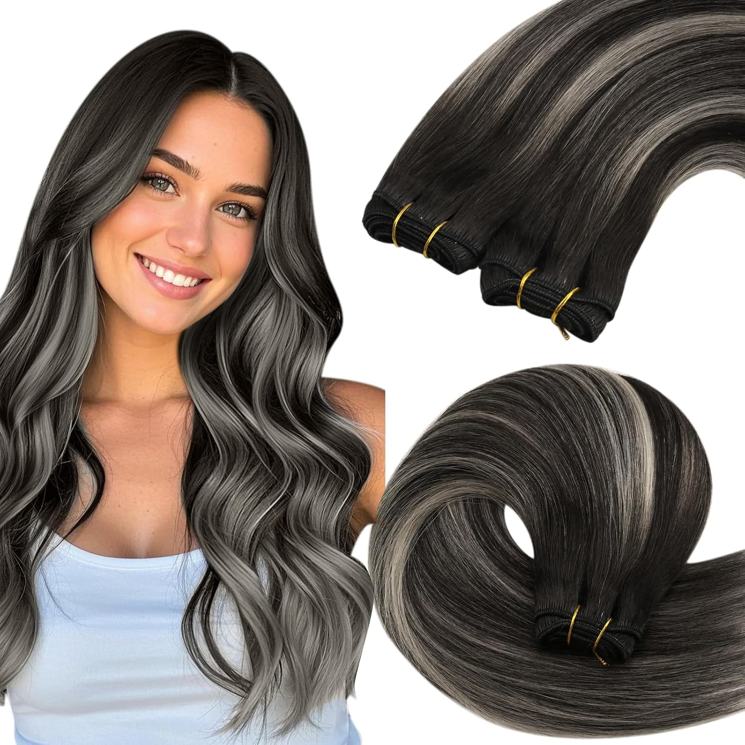 Detalle de YoungSee 60 cm Echthaar-Tressen Ombre – Balayage Extensions zum Einnähen, 100 g, 1B/S/1B