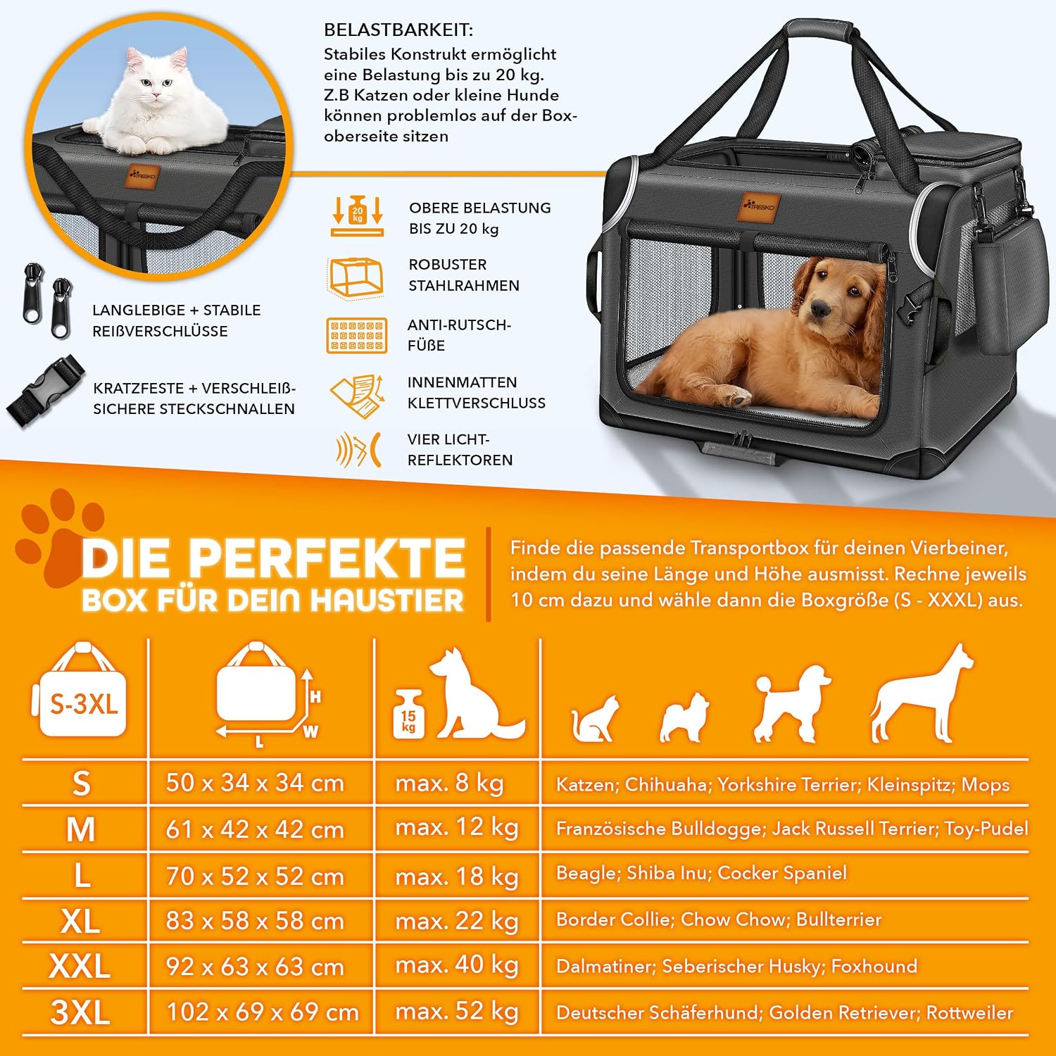 Detalle 2 de TRESKO® faltbare Hundebox XXXL 102x69x69 cm mit Leckmatte, Spatel & Reflektoren