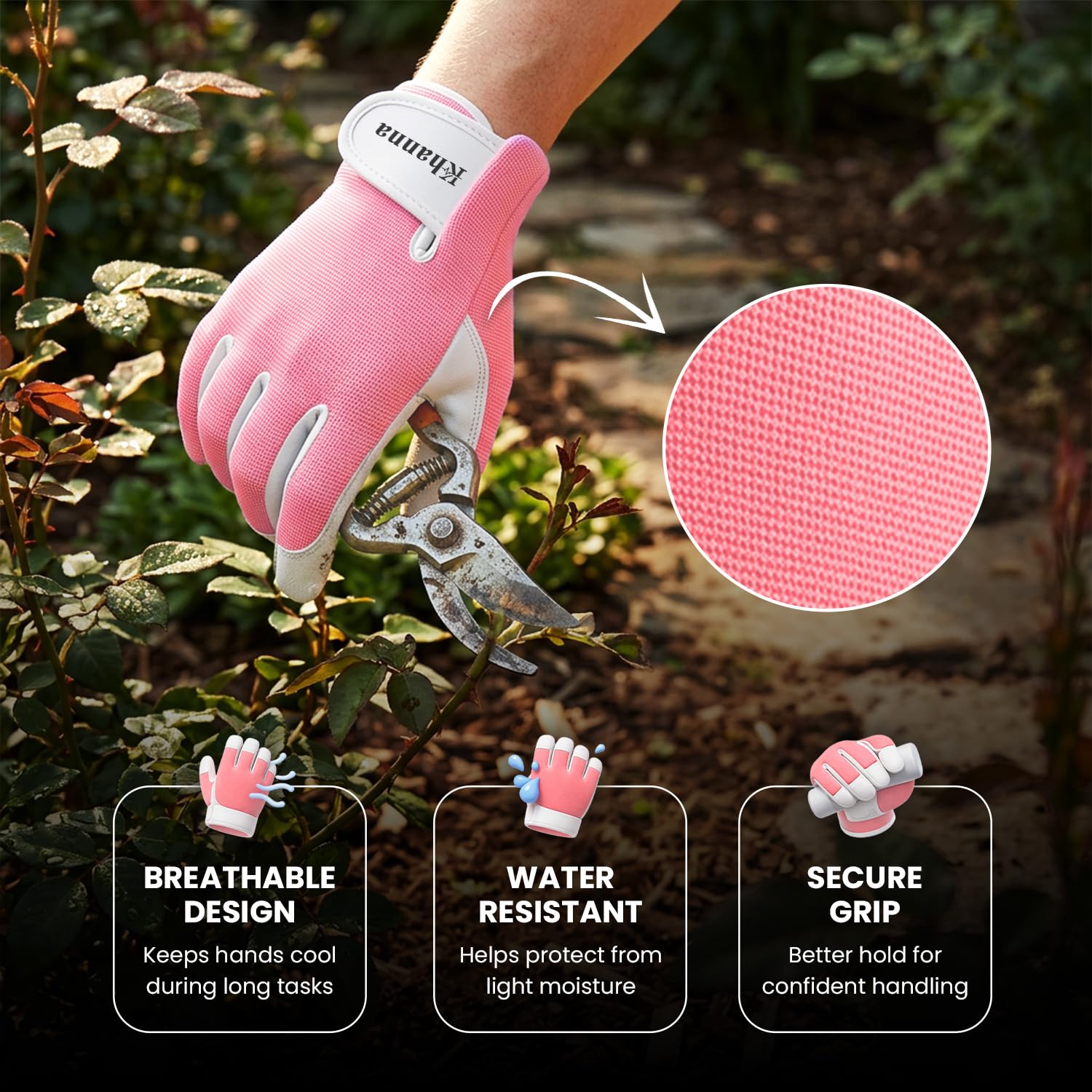 Detalle de Khanna Leather Gardening Gloves, Baby Pink – Medium, Thorn Proof & Heavy Duty for Men & Women