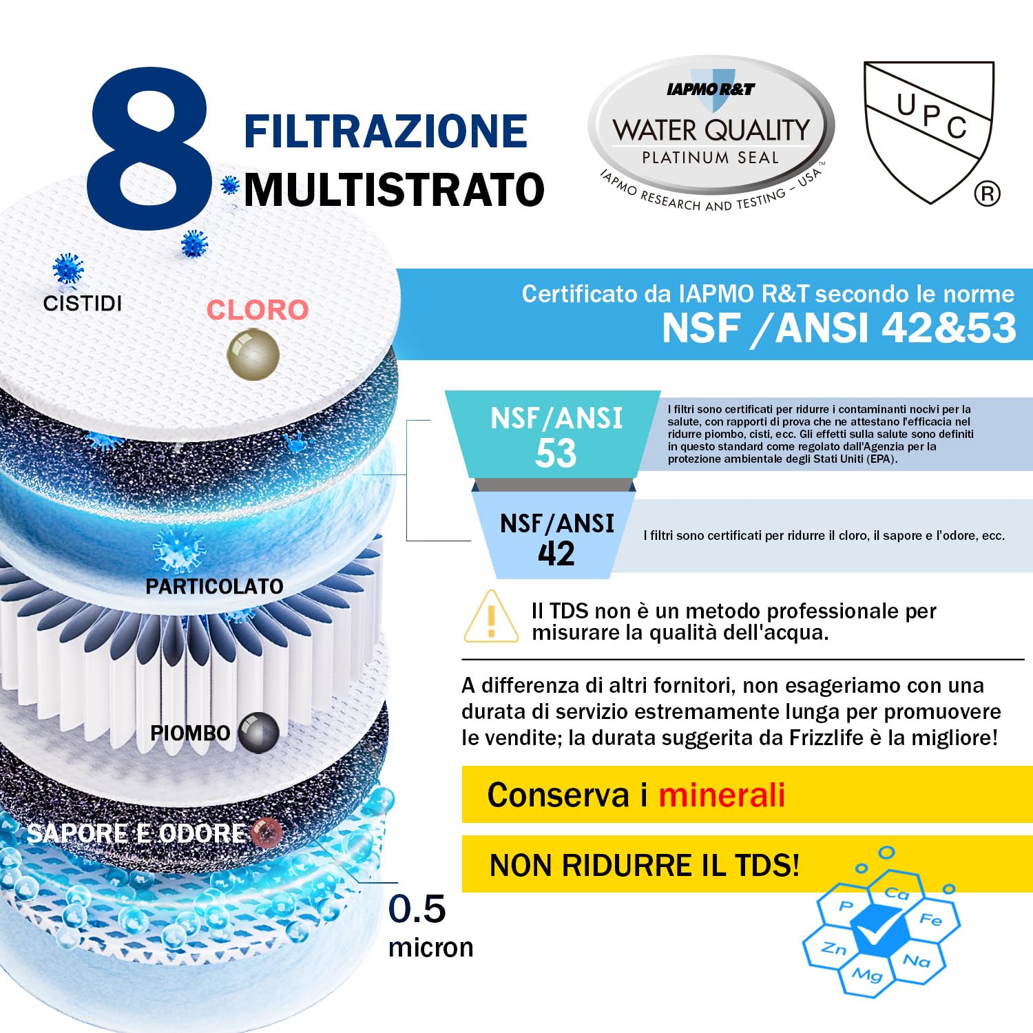 Detalle de Frizzlife SP99-NEW: sistema di filtrazione sottolavello a 3 stadi con rubinetto nichelato