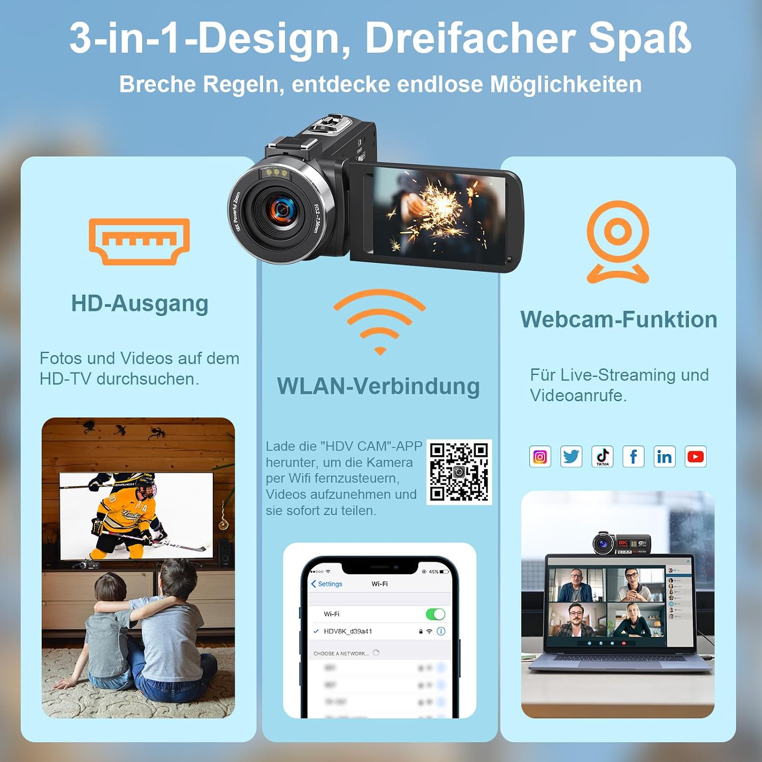 Detalle de Videokamera Camcorder 8K 64MP WiFi mit IR-Nachtsicht, 18x Zoom, Vlogging-Kamera – inkl. 64GB SD, 2 Akkus, Mikrofon & Fernbedienung